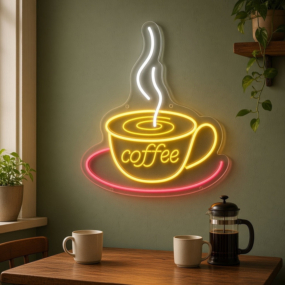 Steaming Coffee Cup and Saucer Multicolor Cafe Decor LED Neon Sign - lifestyle view