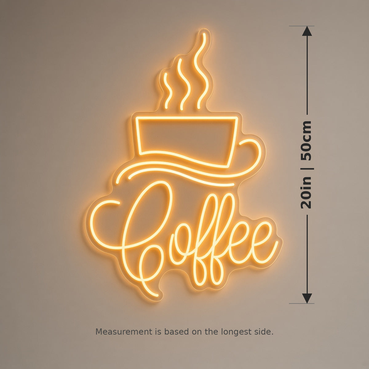 Steaming Coffee Cup LED Neon Sign - size guide