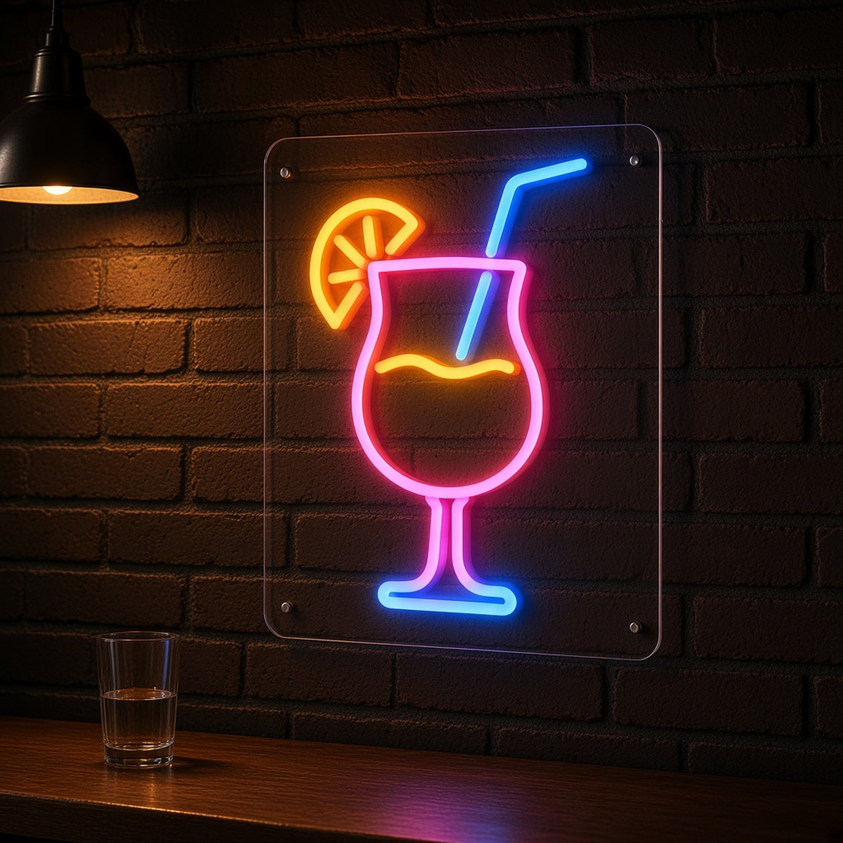 Tropical Cocktail Glass Lemon Straw on Clear Panel LED Neon Sign - advertising view