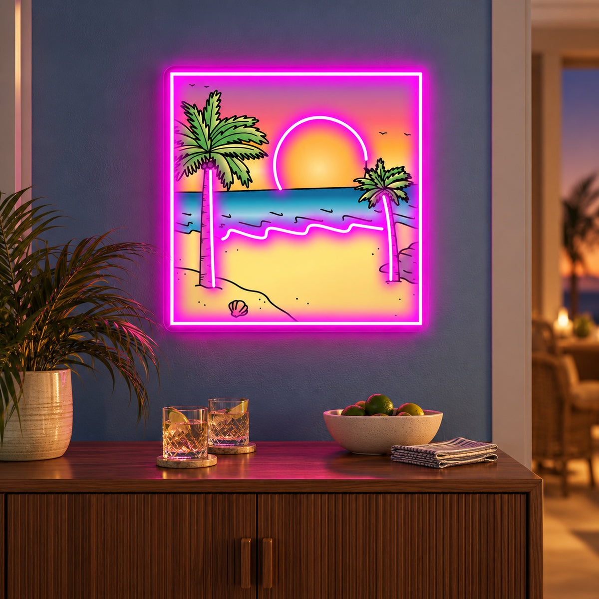 Tropical Palm Beach Sunset LED Neon Sign - advertising view
