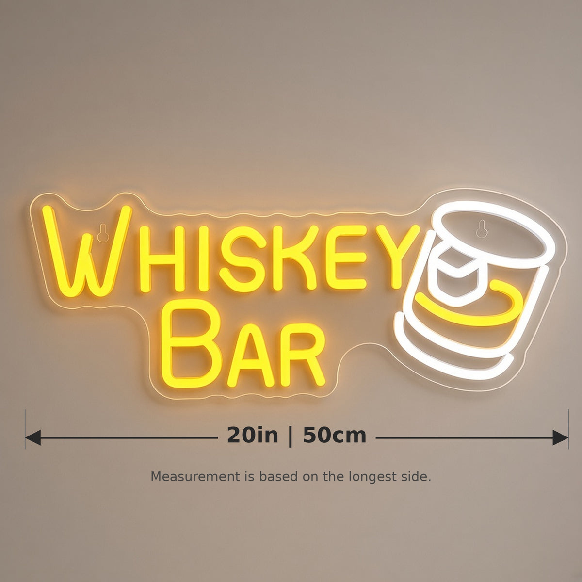 Whiskey Bar with Whiskey Glass Wall Mount for Home Bar LED Neon Sign - size guide