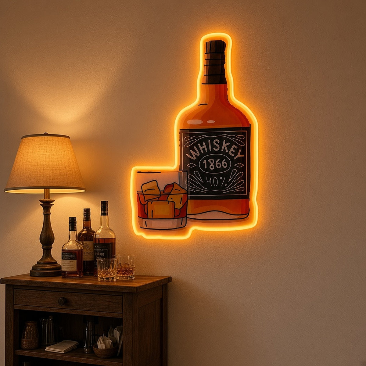 Whiskey Bottle and Glass UV Printed Bar Wall Art LED Neon Sign - lifestyle view