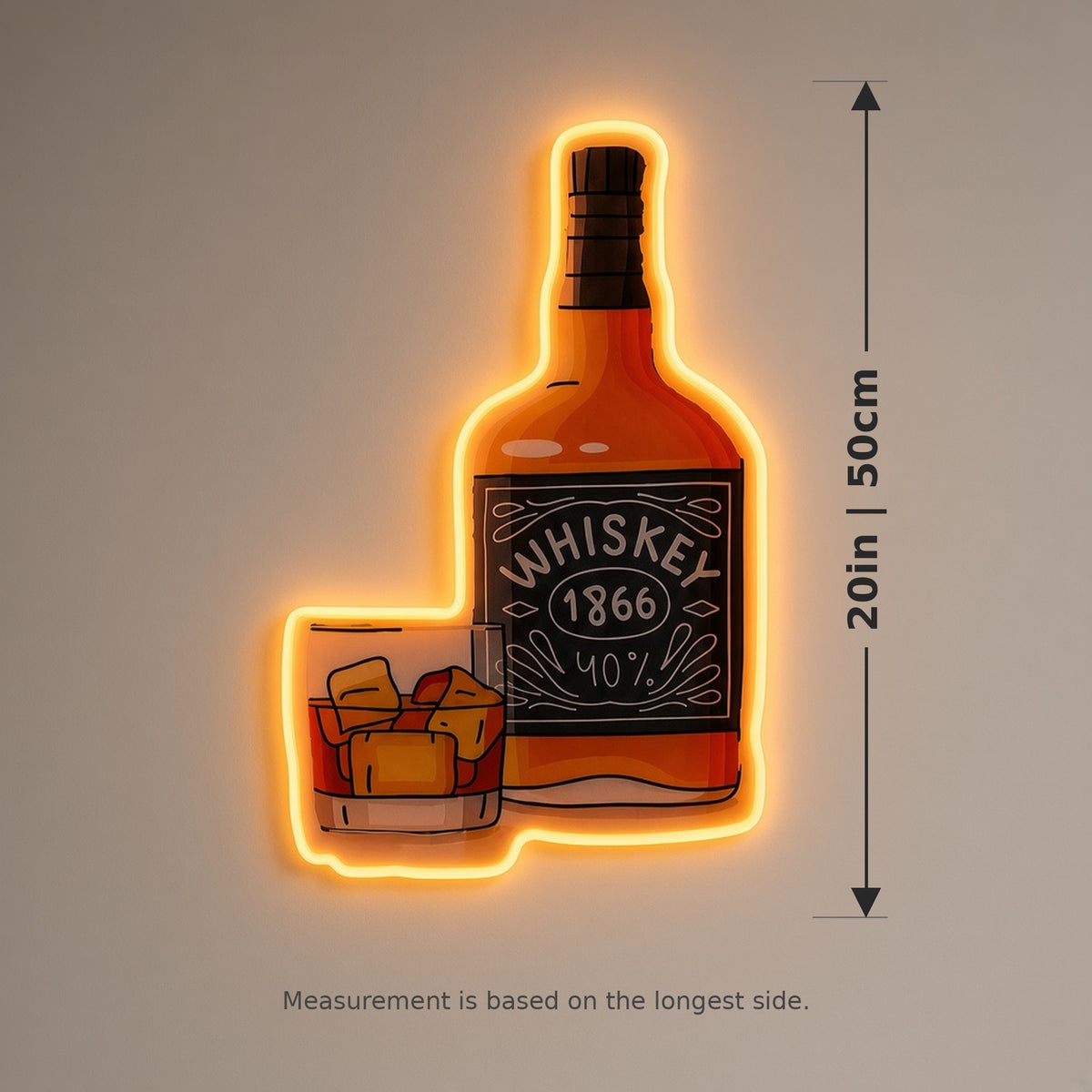 Whiskey Bottle and Glass UV Printed Bar Wall Art LED Neon Sign - size guide
