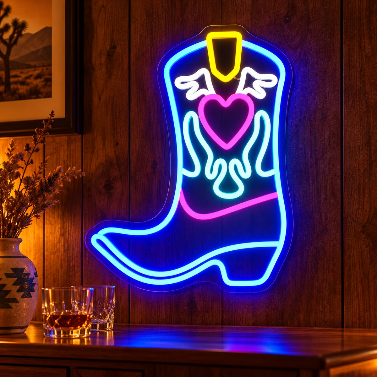 Winged Heart Cowboy Boot LED Neon Sign - advertising view