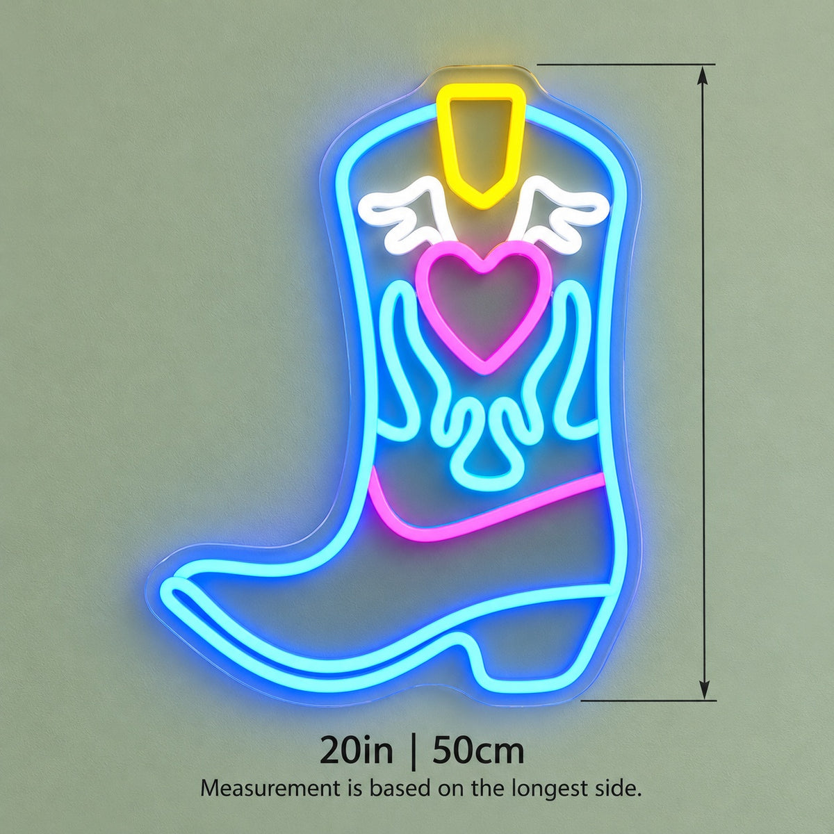 Winged Heart Cowboy Boot LED Neon Sign - size guide