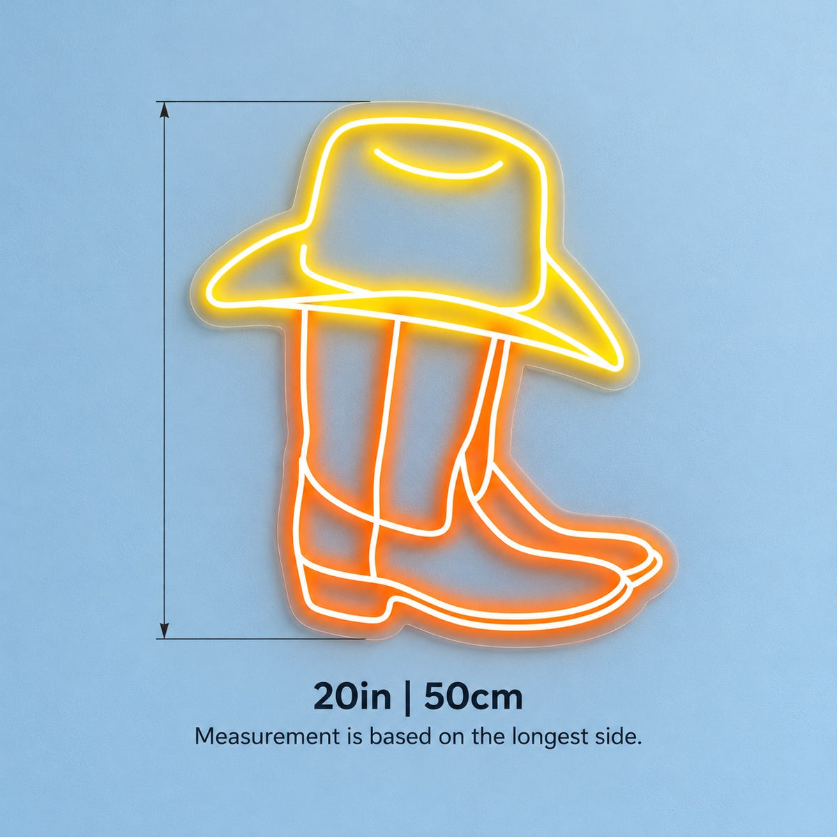 Cowboy Hat and Boots LED Neon Sign - size guide