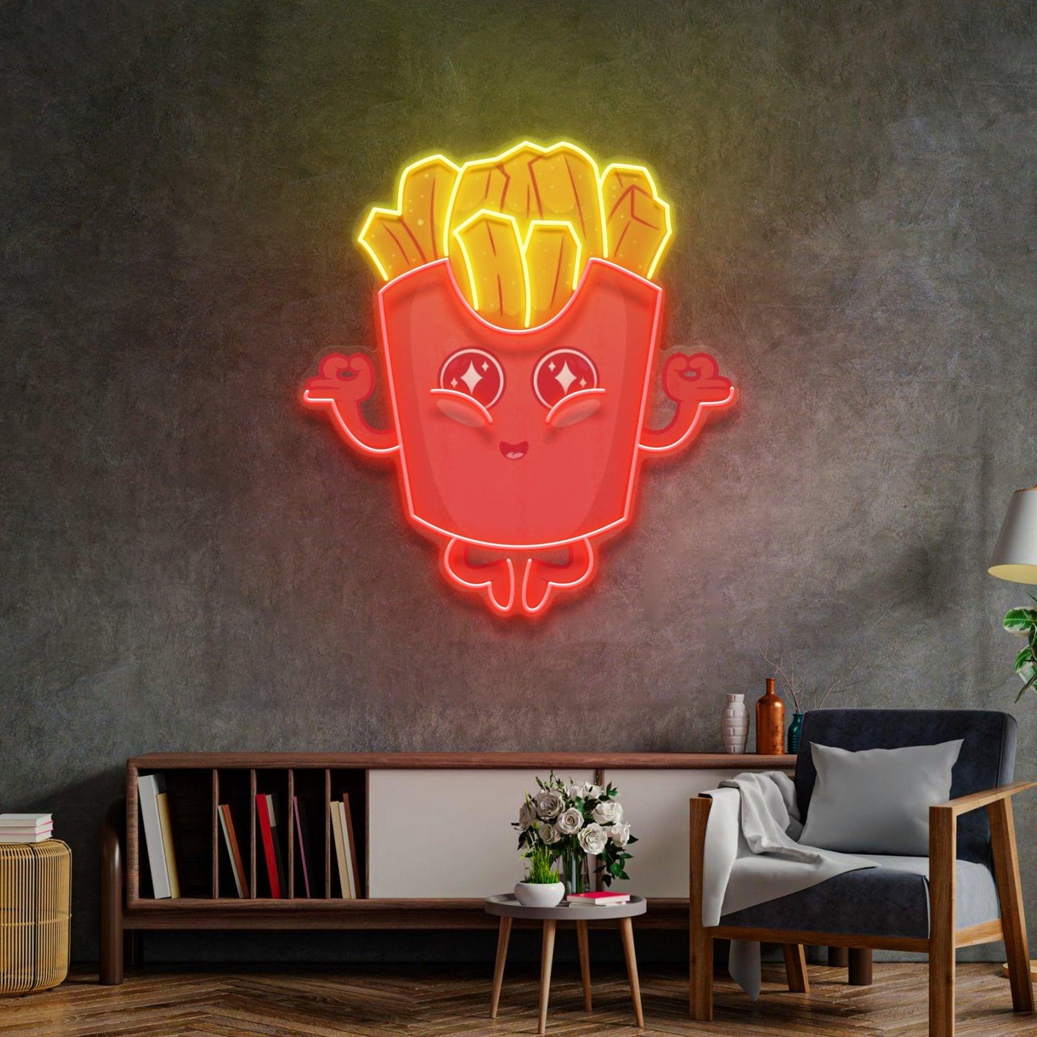 Red And Yellow Cartoon French Fries Uv Printed Led Neon Sign For Home Decor | Shineneon