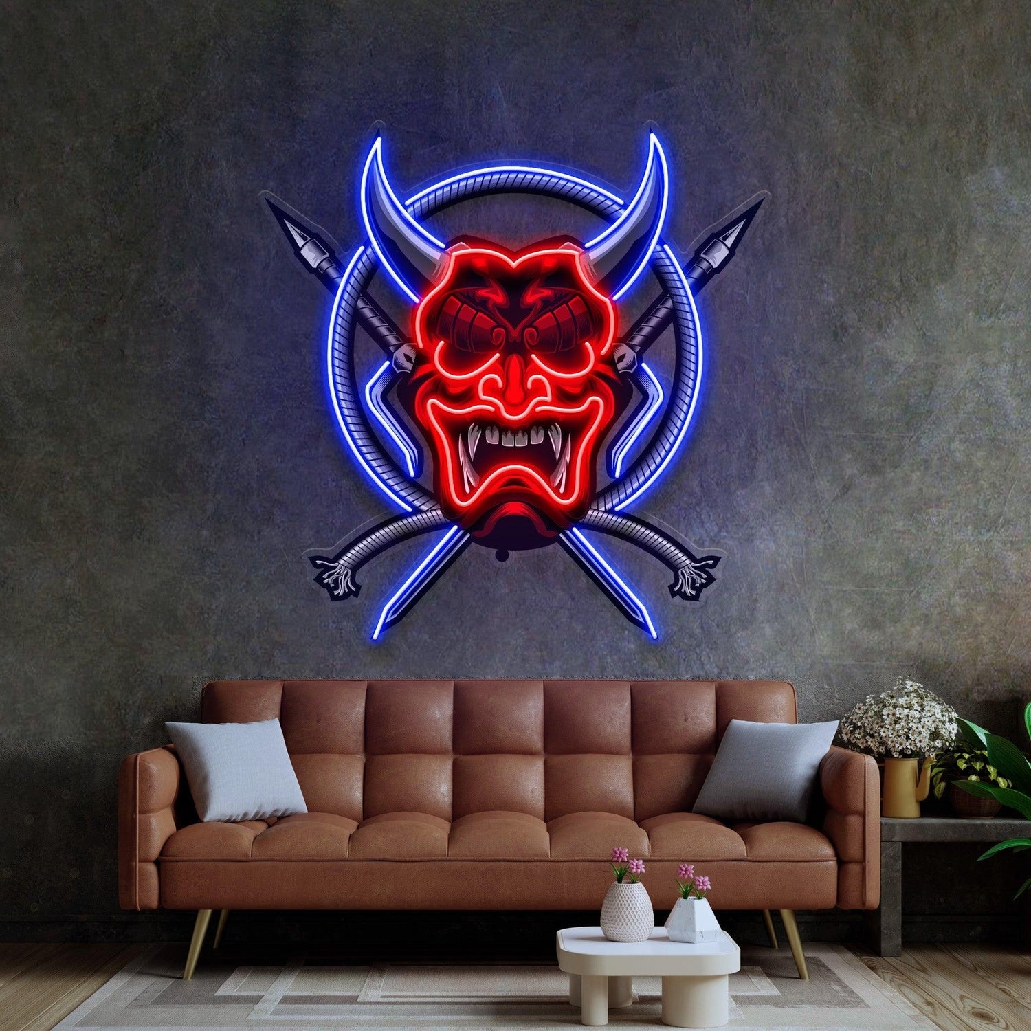 Red-Blue Oni Mask Samurai Weapons Uv Printed Led Neon Sign Indoor Wall Decor | Shineneon