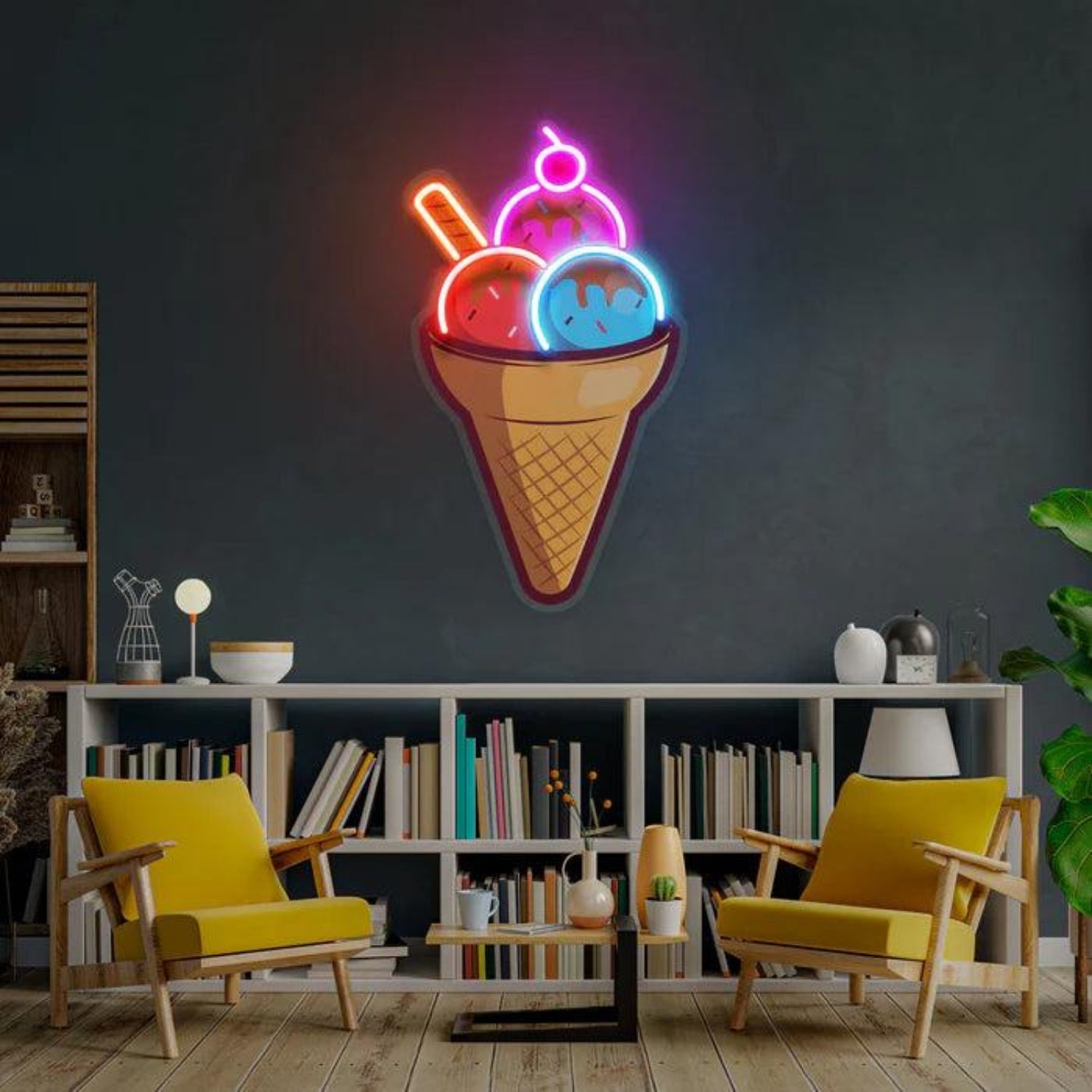 Red Blue Pink Cartoon Ice Cream Cone Led Neon Sign For Cafes Dessert Shops | Shineneon