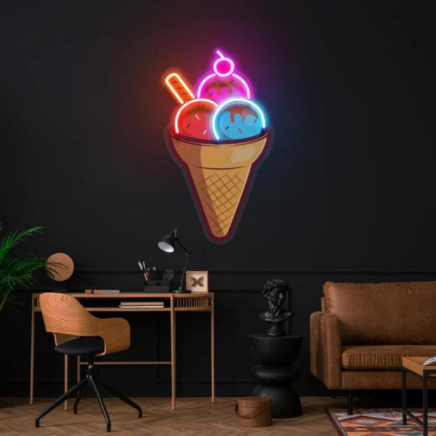 Red Blue Pink Cartoon Ice Cream Cone Led Neon Sign For Cafes Dessert Shops | Shineneon