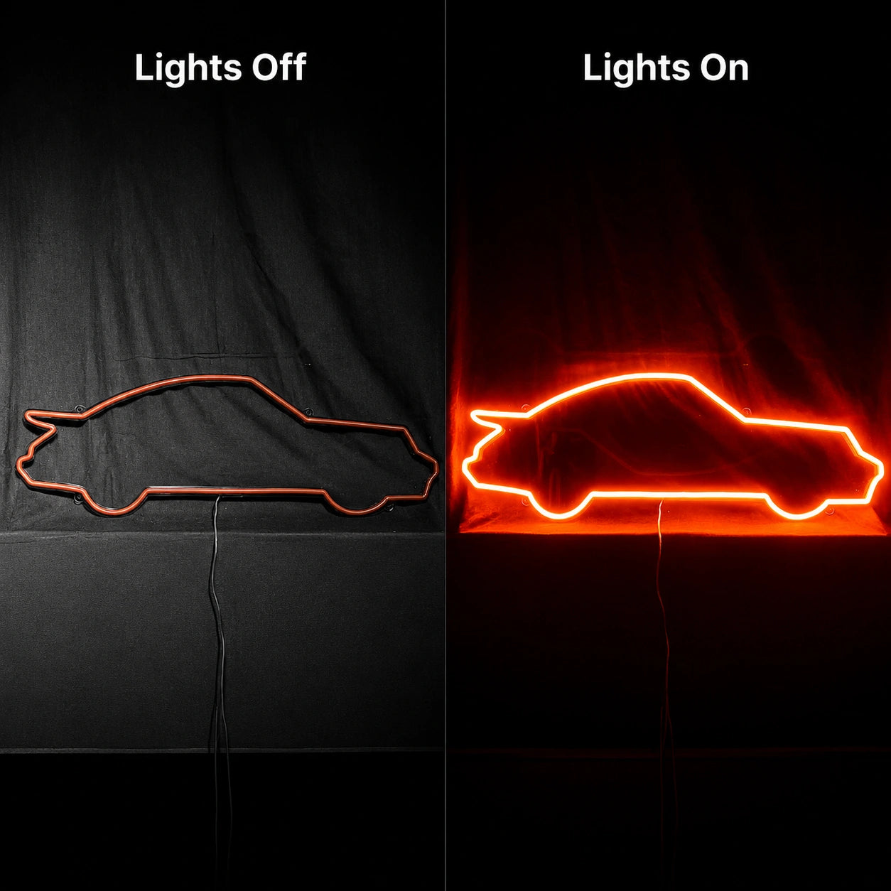 Red Classic Car Outline Neon Sign LED Neon Sign day and night comparison