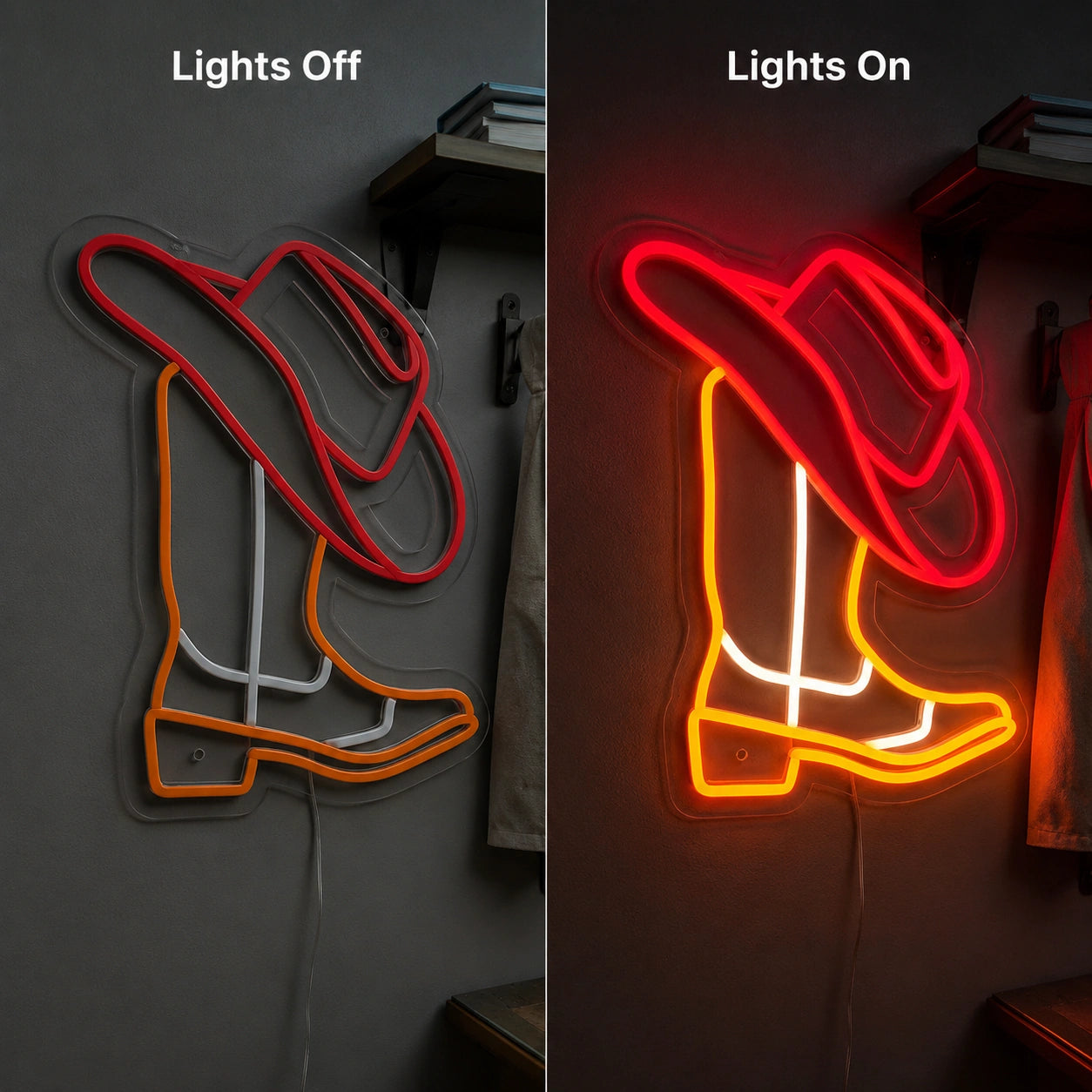 Red Cowgirl Boot Neon Sign LED Neon Sign day and night comparison