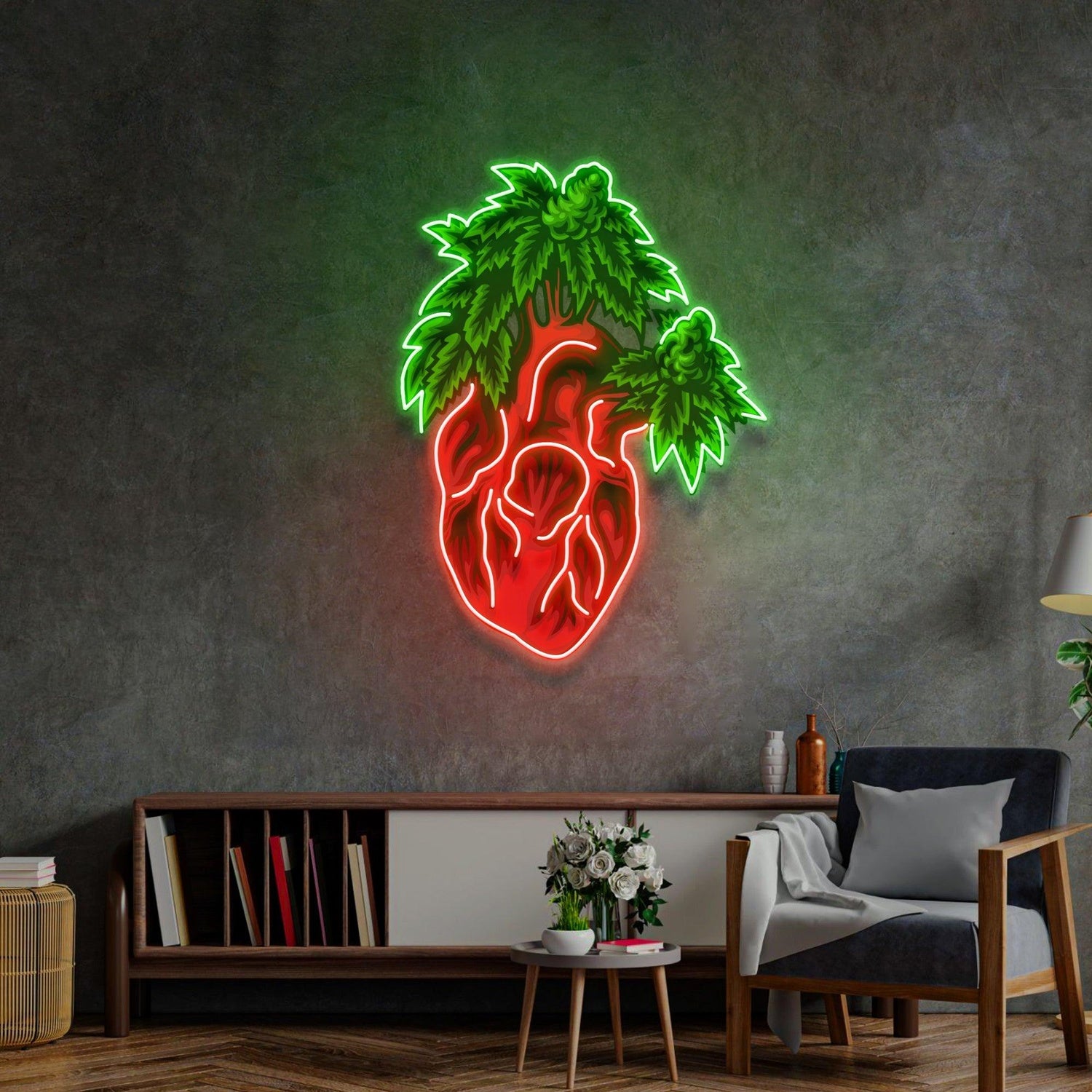 Red-Green Heart Marijuana Leaf Uv Printed Led Neon Sign Home Art Decor | Shineneon