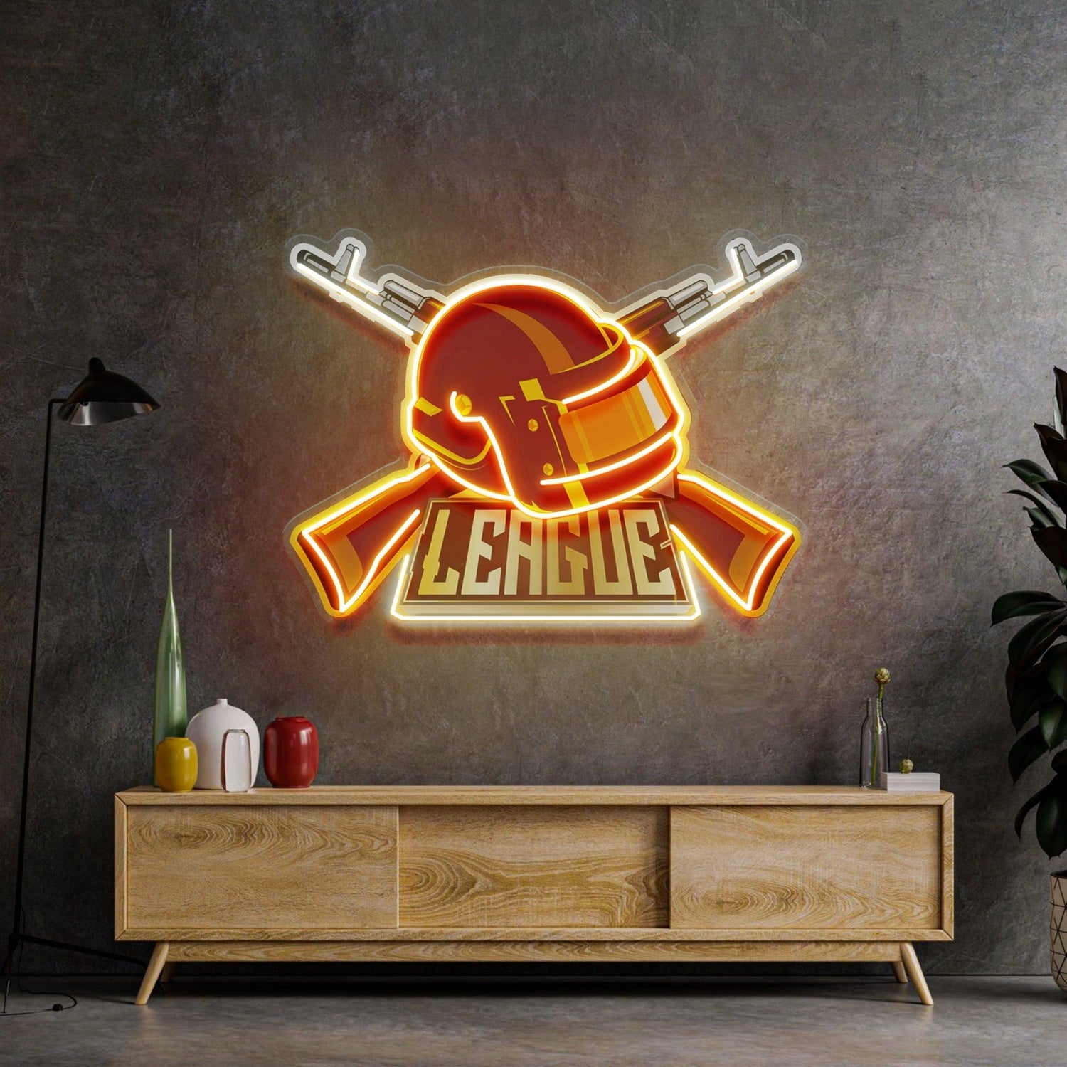 Red Helmet Yellow Guns Uv Printed Led Neon Sign Gaming Room Decor | Shineneon