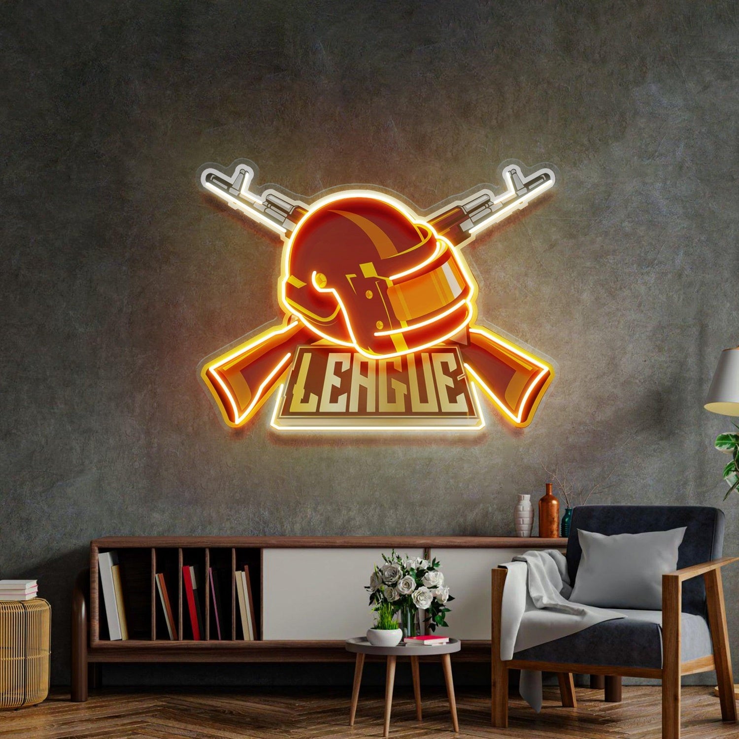Red Helmet Yellow Guns Uv Printed Led Neon Sign Gaming Room Decor | Shineneon