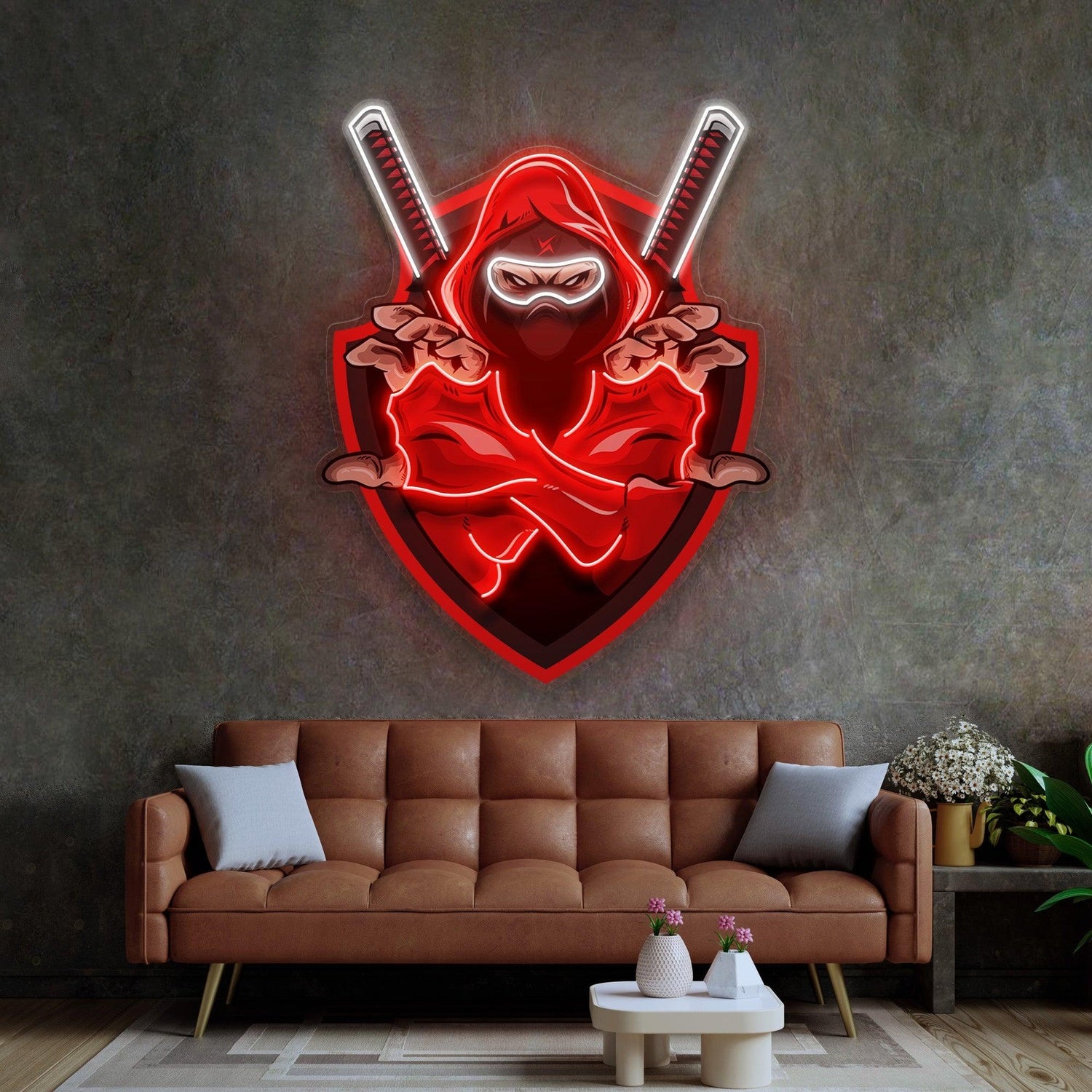 Red Ninja Anime-Style Uv Printed Led Neon Sign With Crossed Swords For Gaming Room | Shineneon