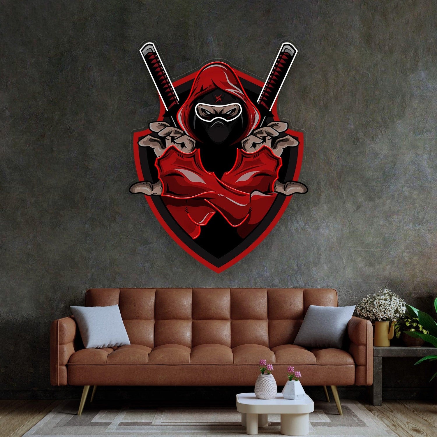 Red Ninja Anime-Style Uv Printed Led Neon Sign With Crossed Swords For Gaming Room | Shineneon