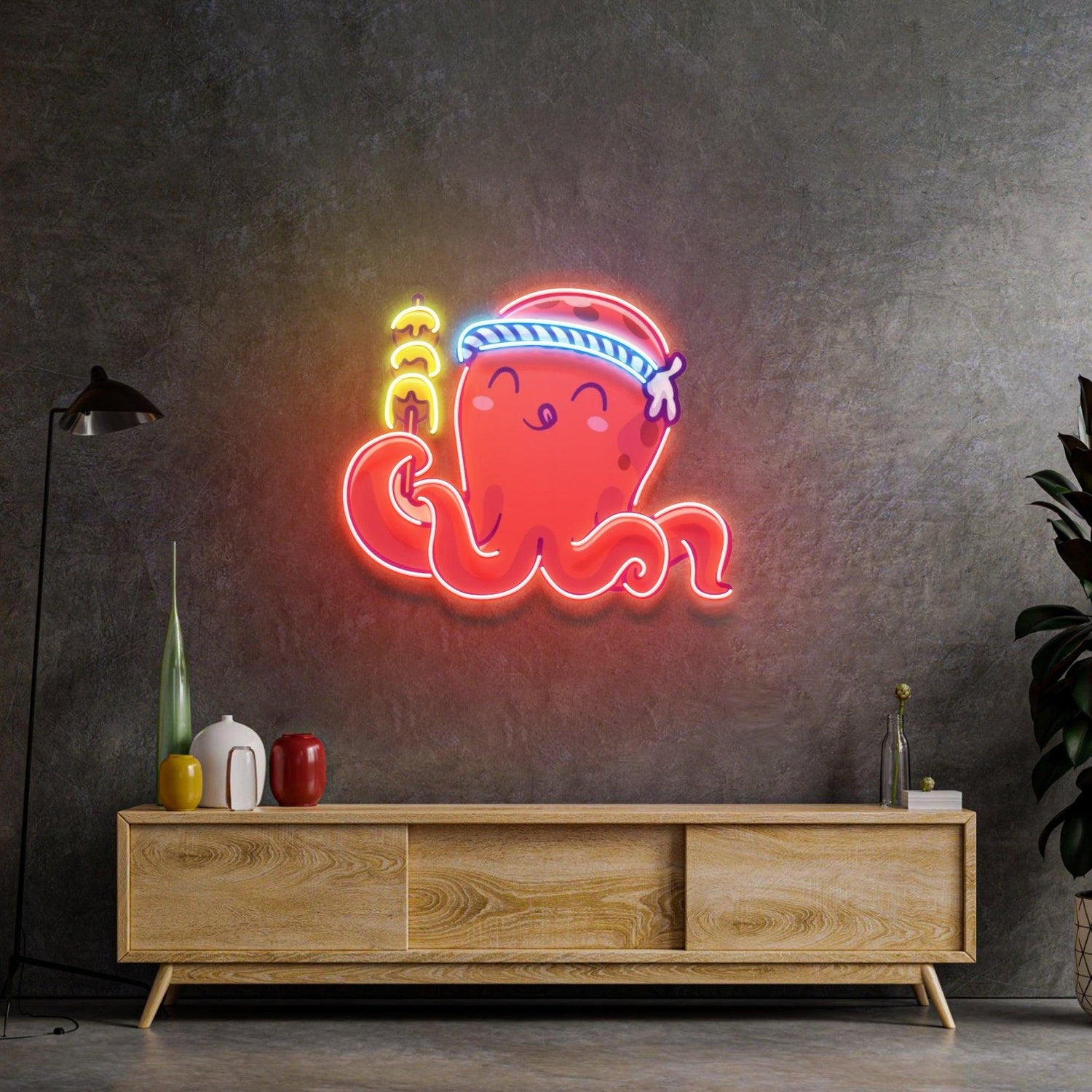 Red Octopus With Blue-White Bandana Uv Printed Led Neon Sign For Home Decor | Shineneon