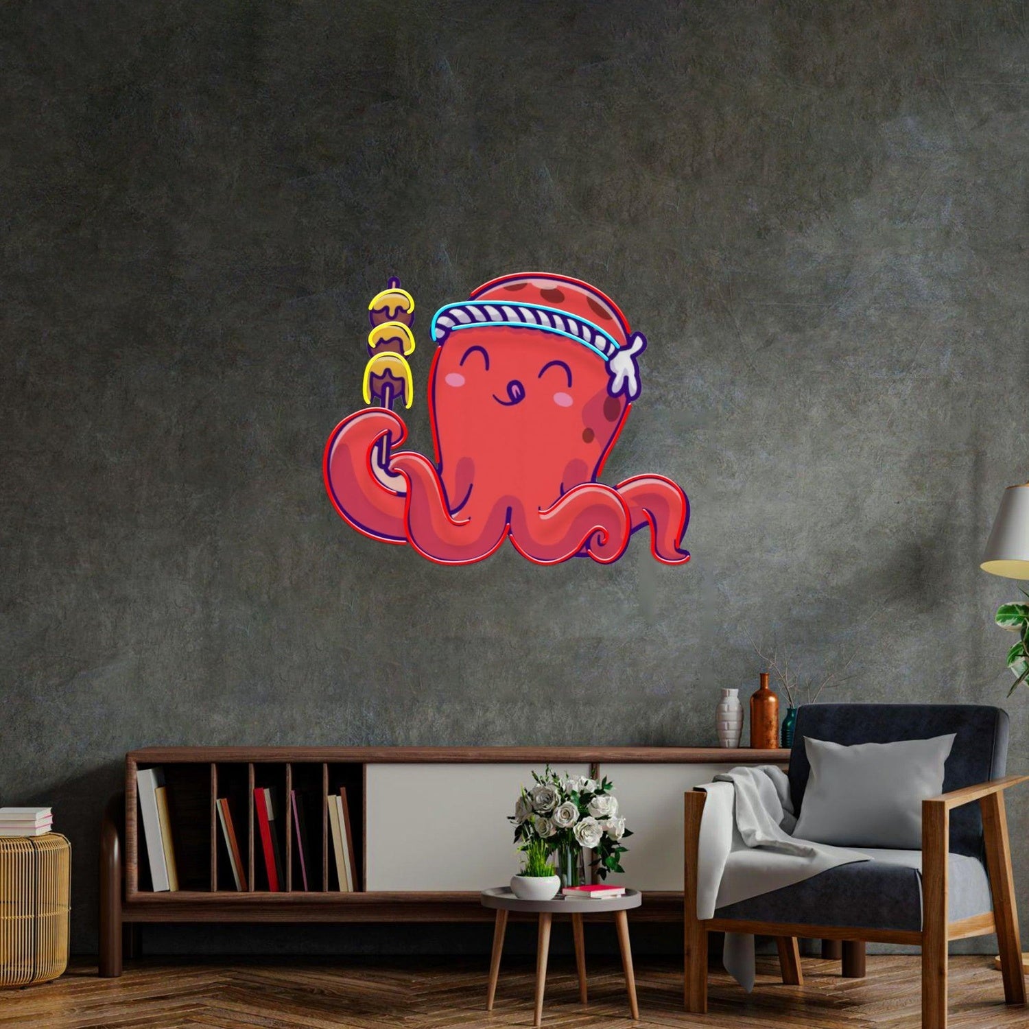 Red Octopus With Blue-White Bandana Uv Printed Led Neon Sign For Home Decor | Shineneon