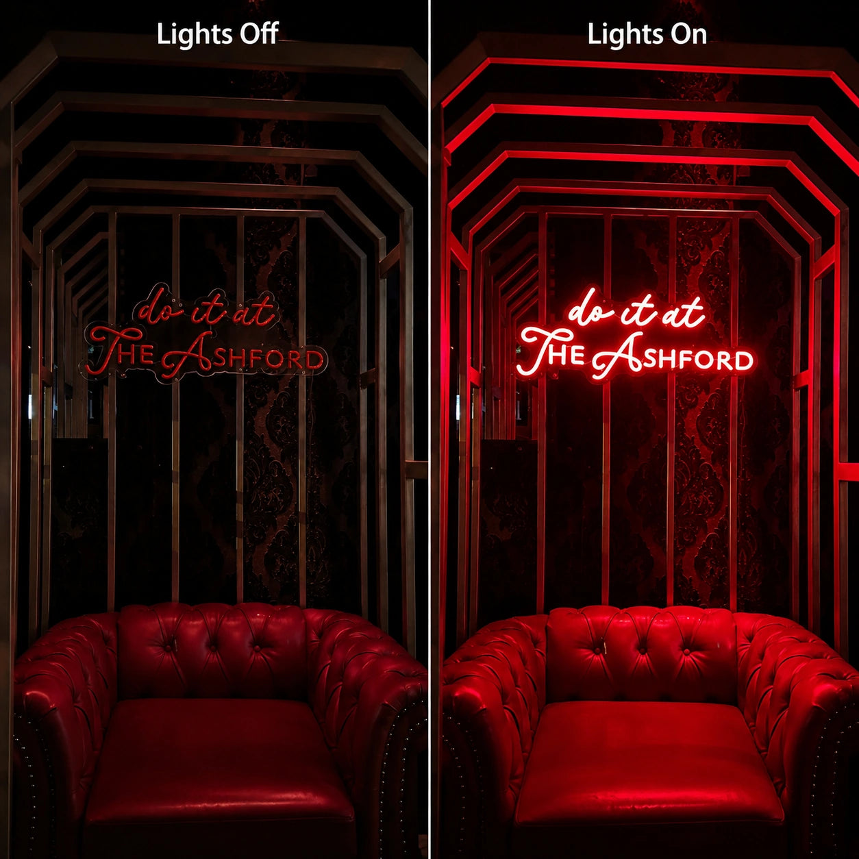 Red Velvet Lounge Neon Sign LED Neon Sign day and night comparison