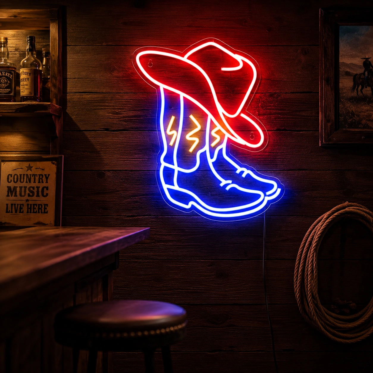 Red White Blue Cowboy Boot Neon Sign LED Neon Sign real lifestyle scene