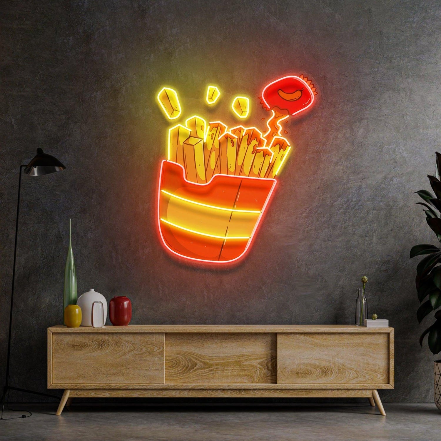 Red-Yellow French Fries Cartoon Uv Printed Led Neon Sign For Home Restaurant Decor | Shineneon