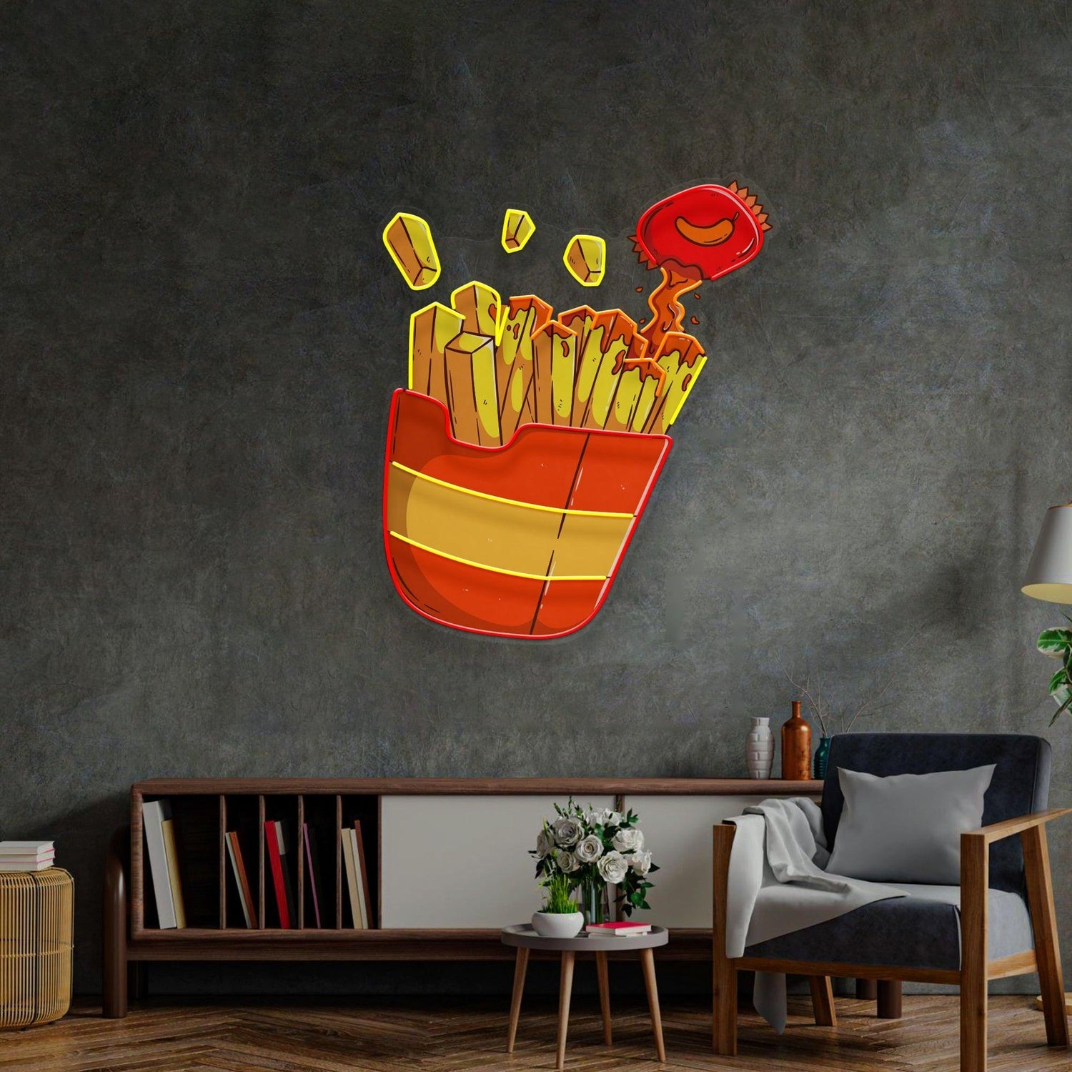 Red-Yellow French Fries Cartoon Uv Printed Led Neon Sign For Home Restaurant Decor | Shineneon
