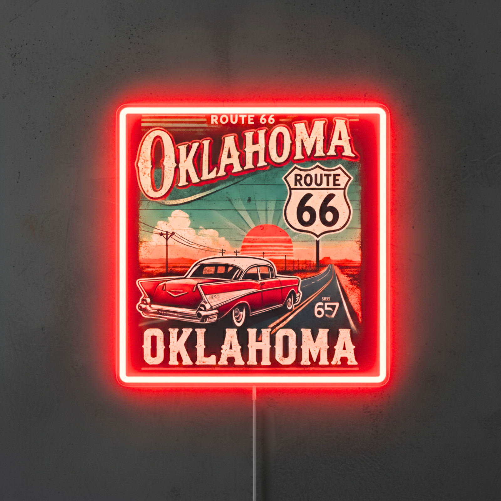 ShineNeon™ Route 66 Oklahoma Vintage Car LED Neon Sign - Retro Garage Wall Decor