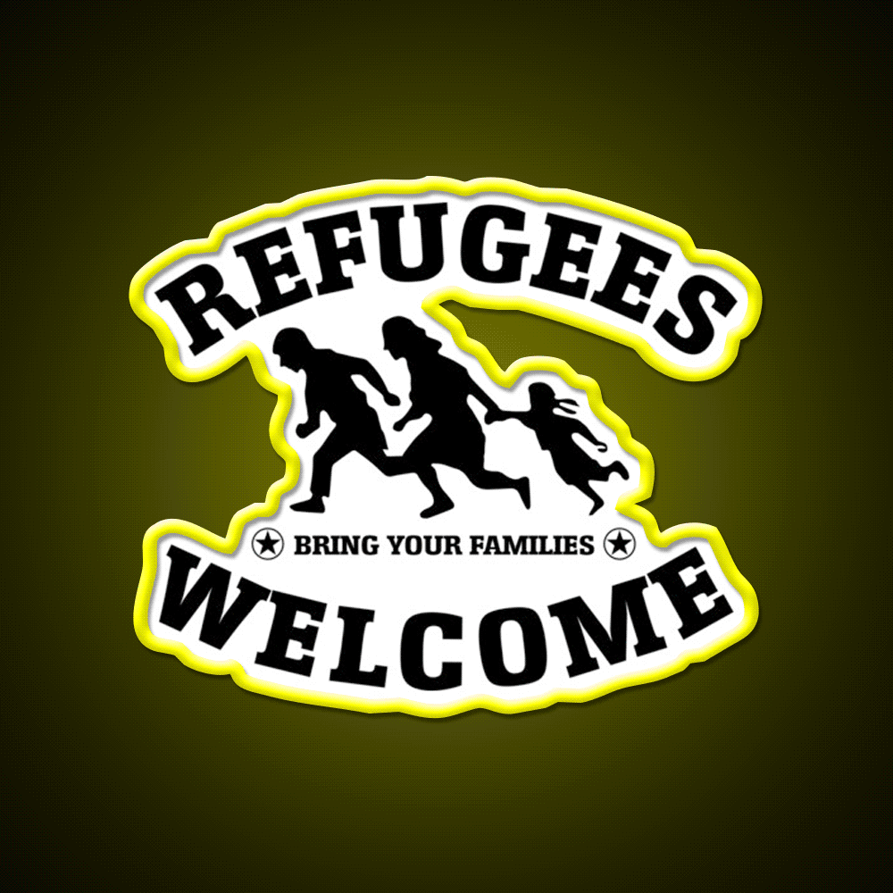 Refugees Welcome Peace Love Fluchtling Welcome Led Neon Sign Open Sign Rgb Color - Custom LED neon sign front view