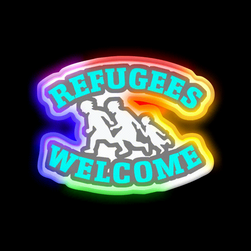 Refugees Welcome Welcome Led Neon Sign Open Sign Rgb Color - LED neon sign close-up detail