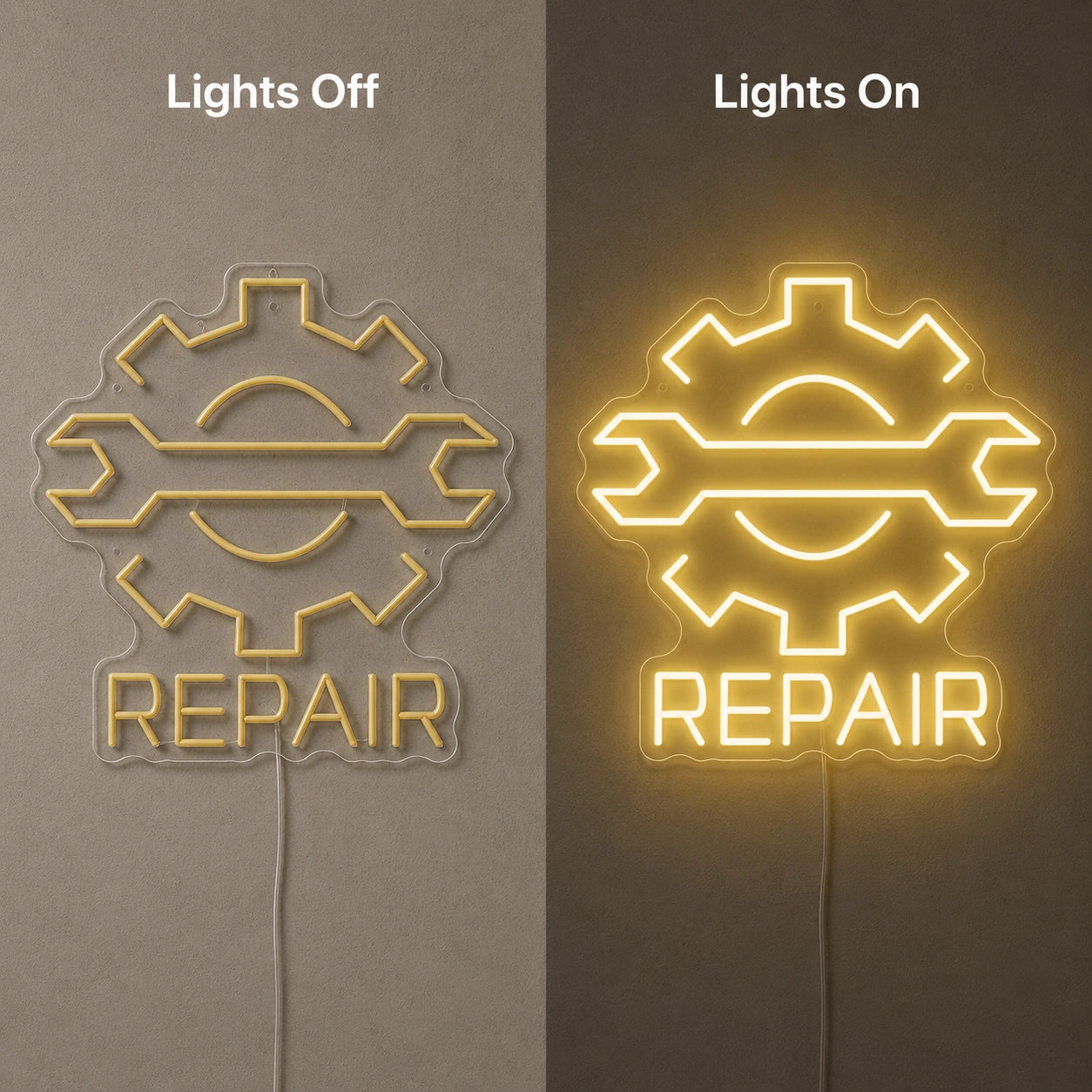 Repair Gear Neon Sign LED Neon Sign day and night comparison