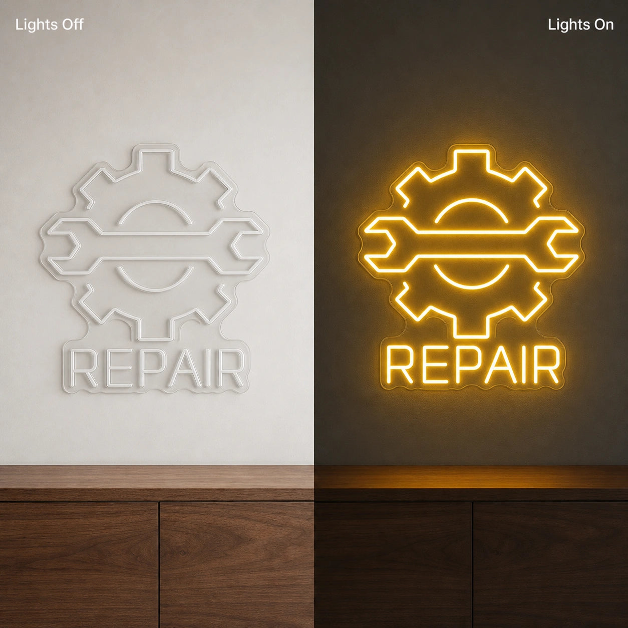 Repair Wrench And Gear LED Neon Sign Garage Man Cave Neon Sign day and night comparison
