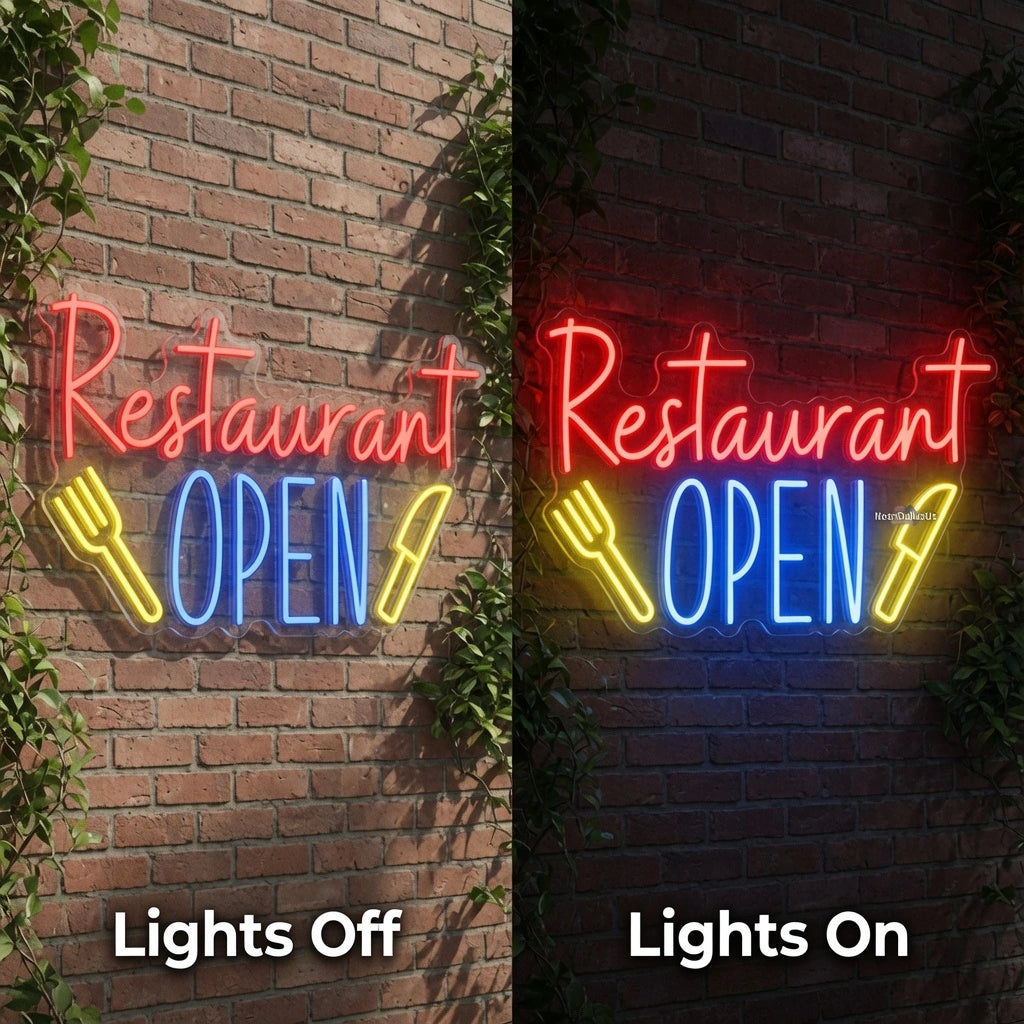 Restaurant Open LED Neon Sign - 06 Day Night Comparison
