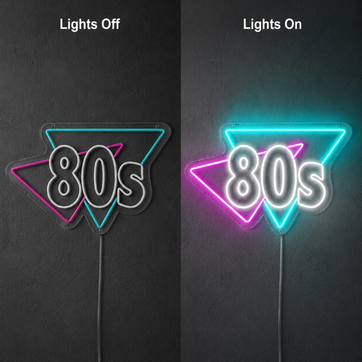 Retro Eighties Triangle Neon Sign LED Neon Sign day and night comparison