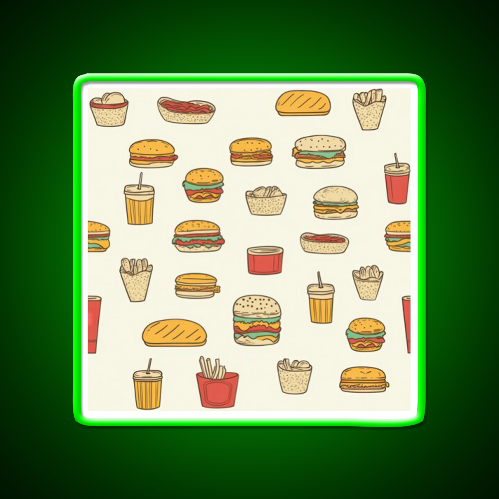 Retro Fast Food Doodles Fast Food Led Neon Sign For Burger Place Rgb Color