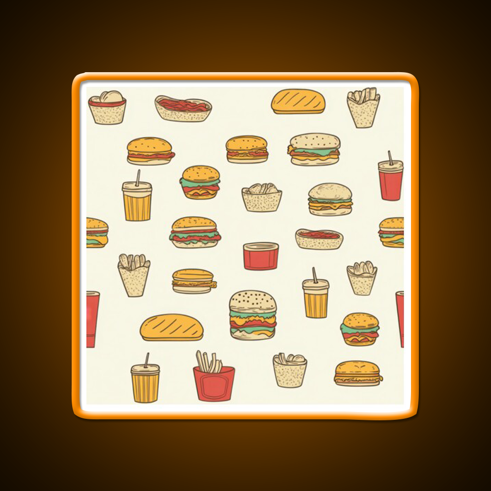 Retro Fast Food Doodles Fast Food Led Neon Sign For Burger Place Rgb Color