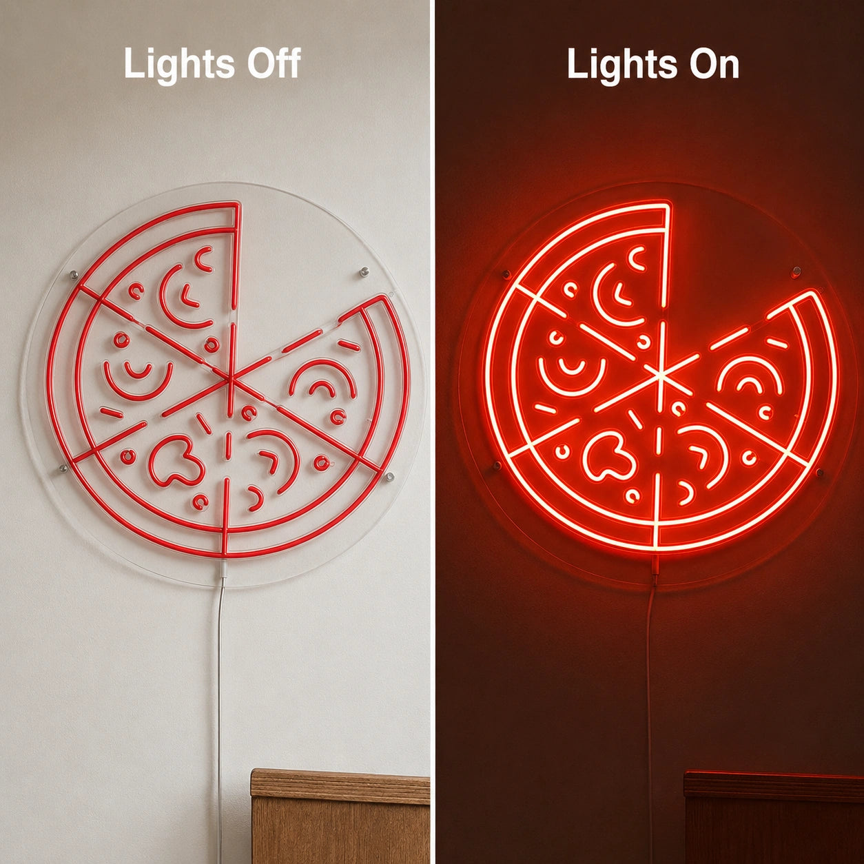 Retro Pizza Slice Neon Sign LED Neon Sign day and night comparison