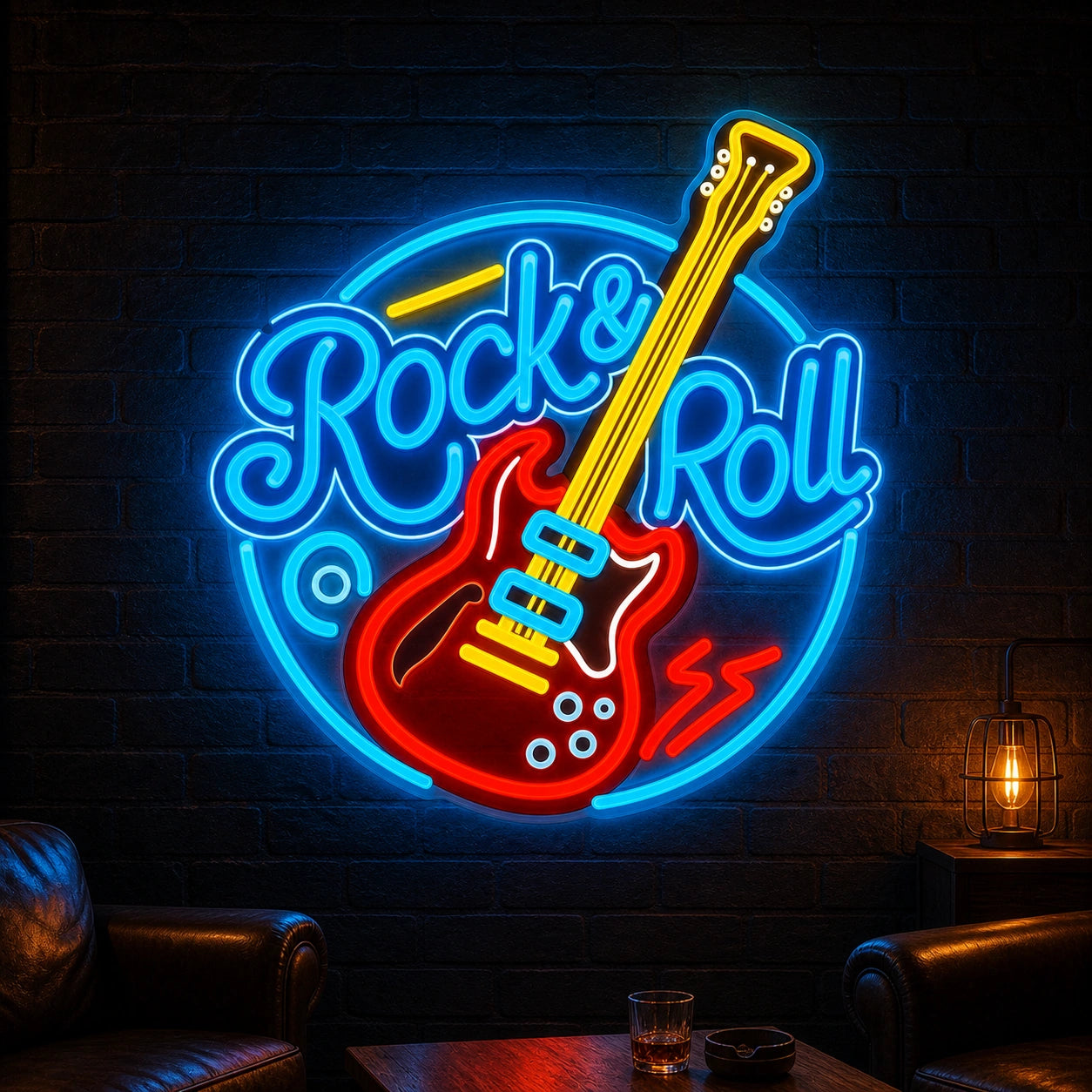 Rock And Roll Guitar Circle LED Neon Sign Garage Man Cave Neon Sign real lifestyle scene
