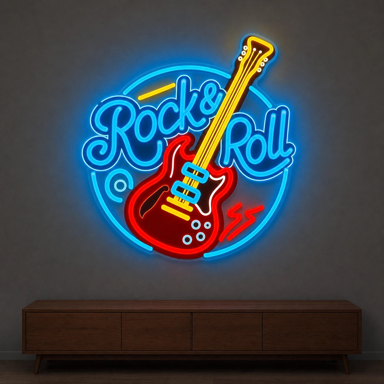 Rock And Roll Guitar Circle LED Neon Sign Garage Man Cave Neon Sign size image
