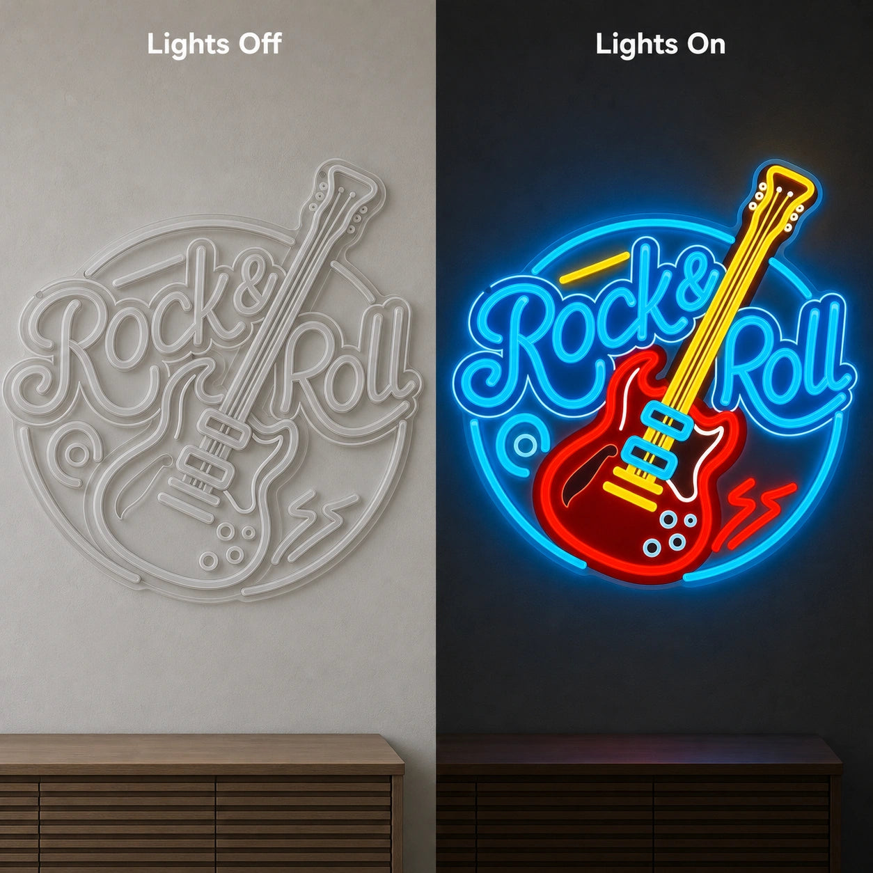 Rock And Roll Guitar Circle LED Neon Sign Garage Man Cave Neon Sign day and night comparison