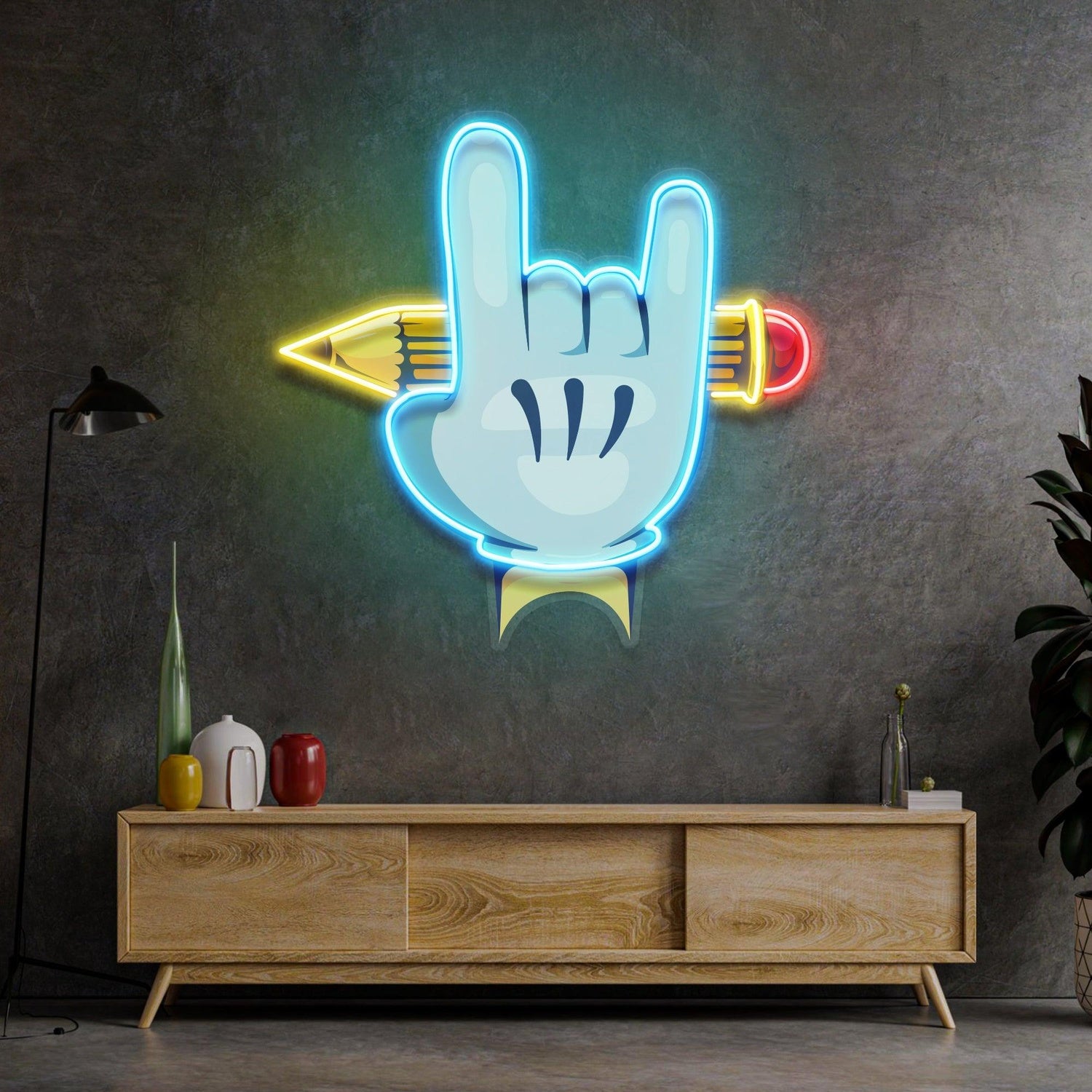 Rock Hand With Pencil Uv Printed Led Neon Sign For Creative Spaces | Shineneon