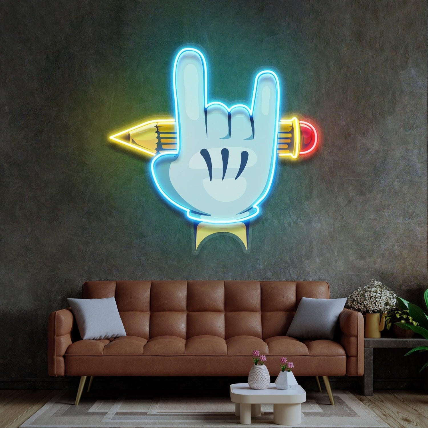 Rock Hand With Pencil Uv Printed Led Neon Sign For Creative Spaces | Shineneon