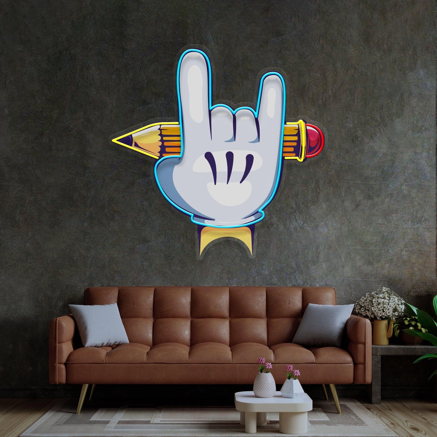 Rock Hand With Pencil Uv Printed Led Neon Sign For Creative Spaces | Shineneon