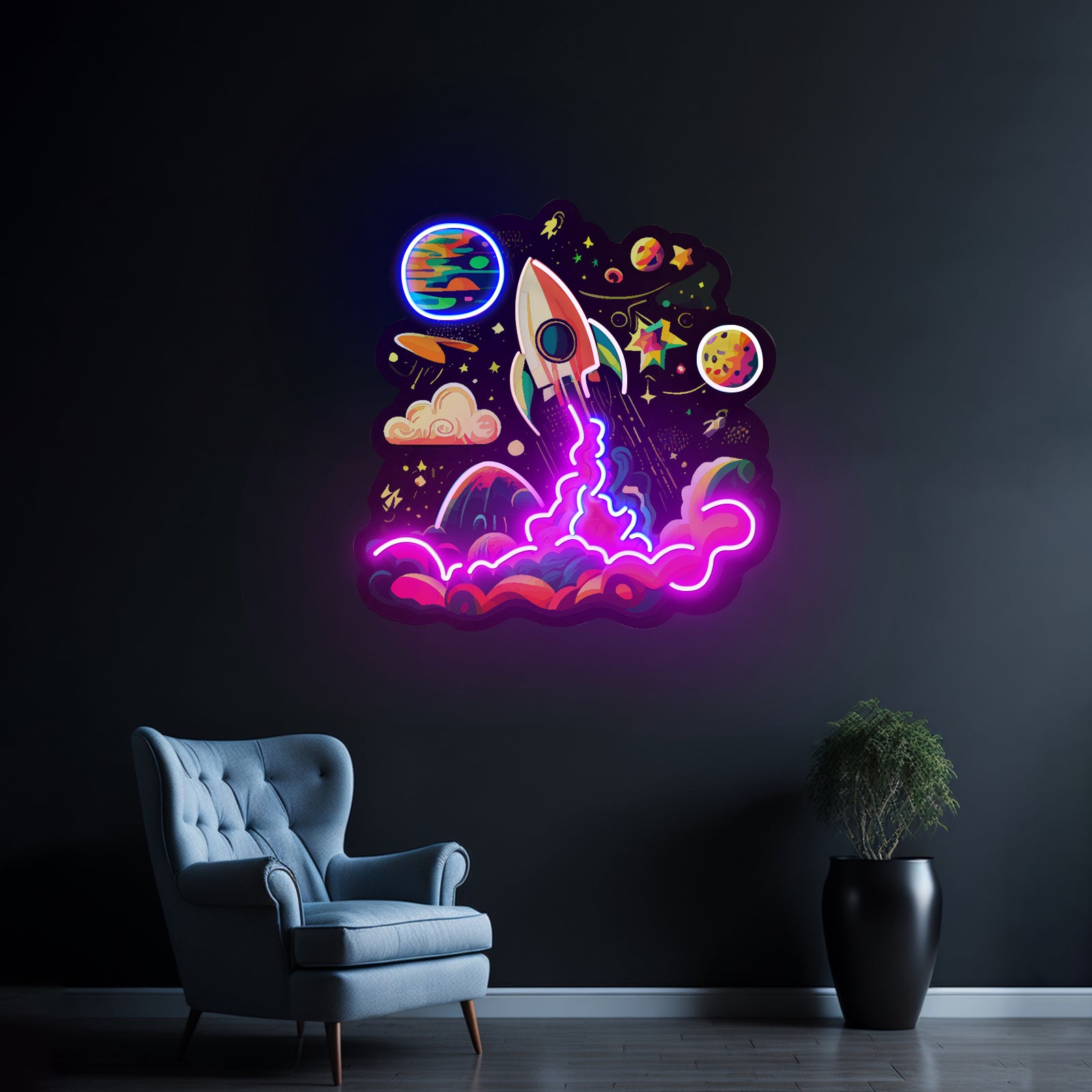 Rocket Launching Into Galaxy Led Neon Sign Light Custom Led Signs