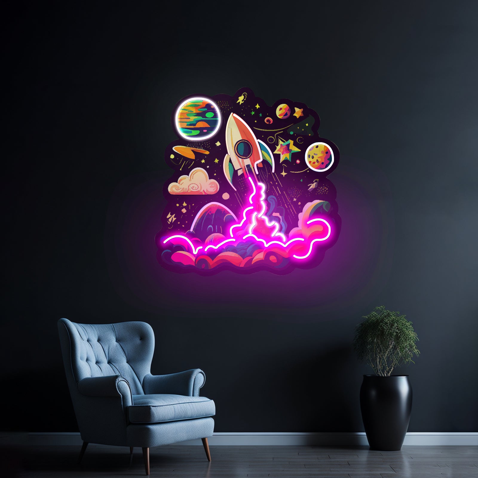 Rocket Launching Into Galaxy Led Neon Sign Light Custom Led Signs