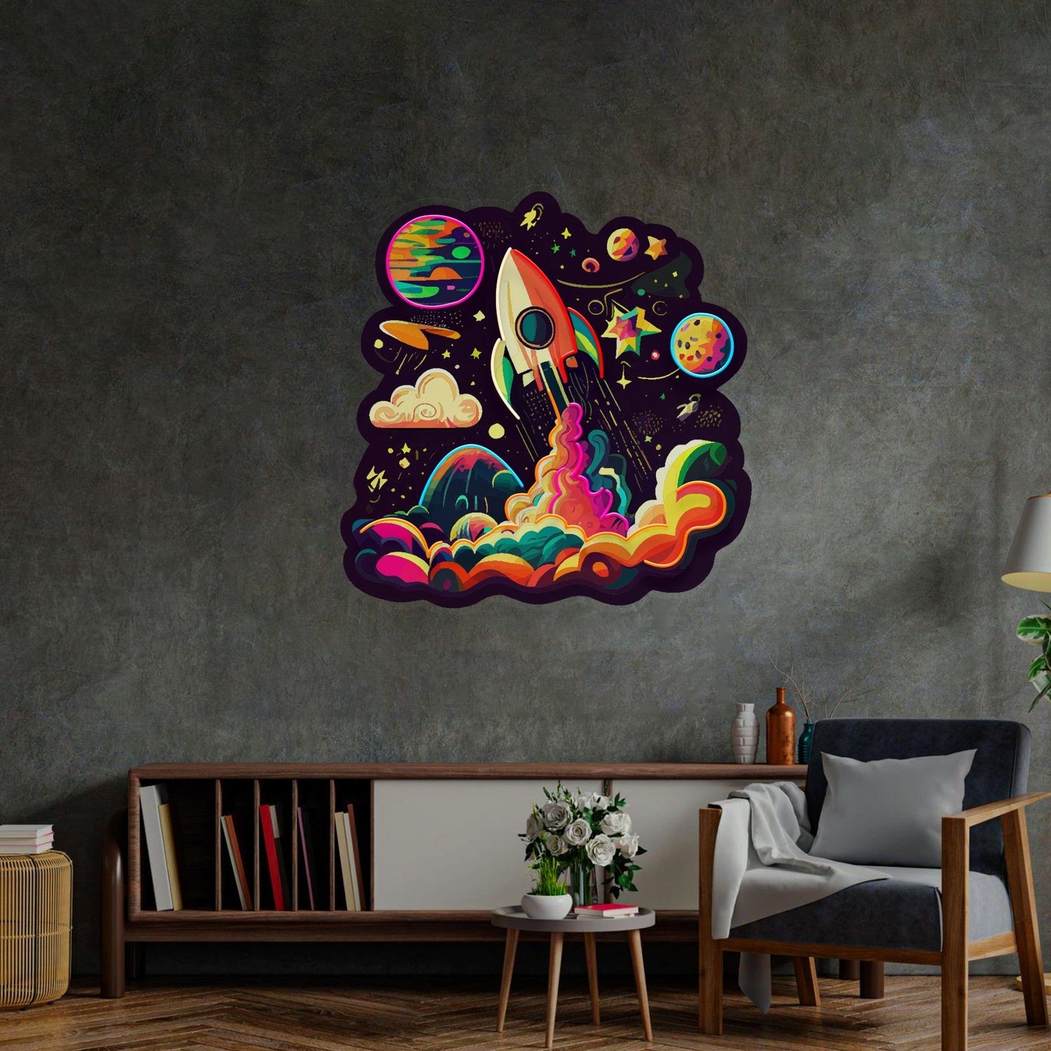 Rocket Launching Into Galaxy Uv Printed Led Neon Sign For Indoor Space Theme Decor | Shineneon