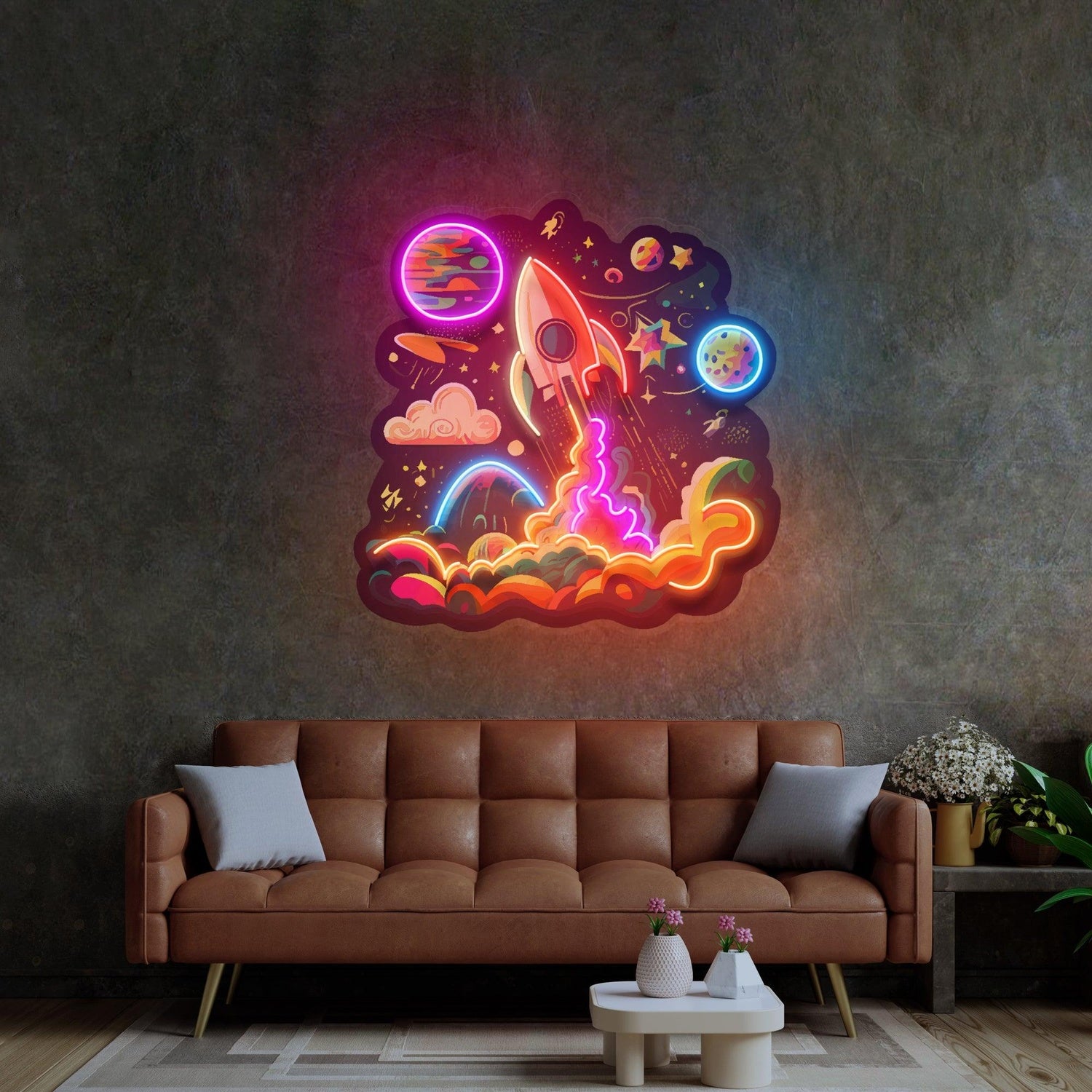 Rocket Launching Into Galaxy Uv Printed Led Neon Sign For Indoor Space Theme Decor | Shineneon