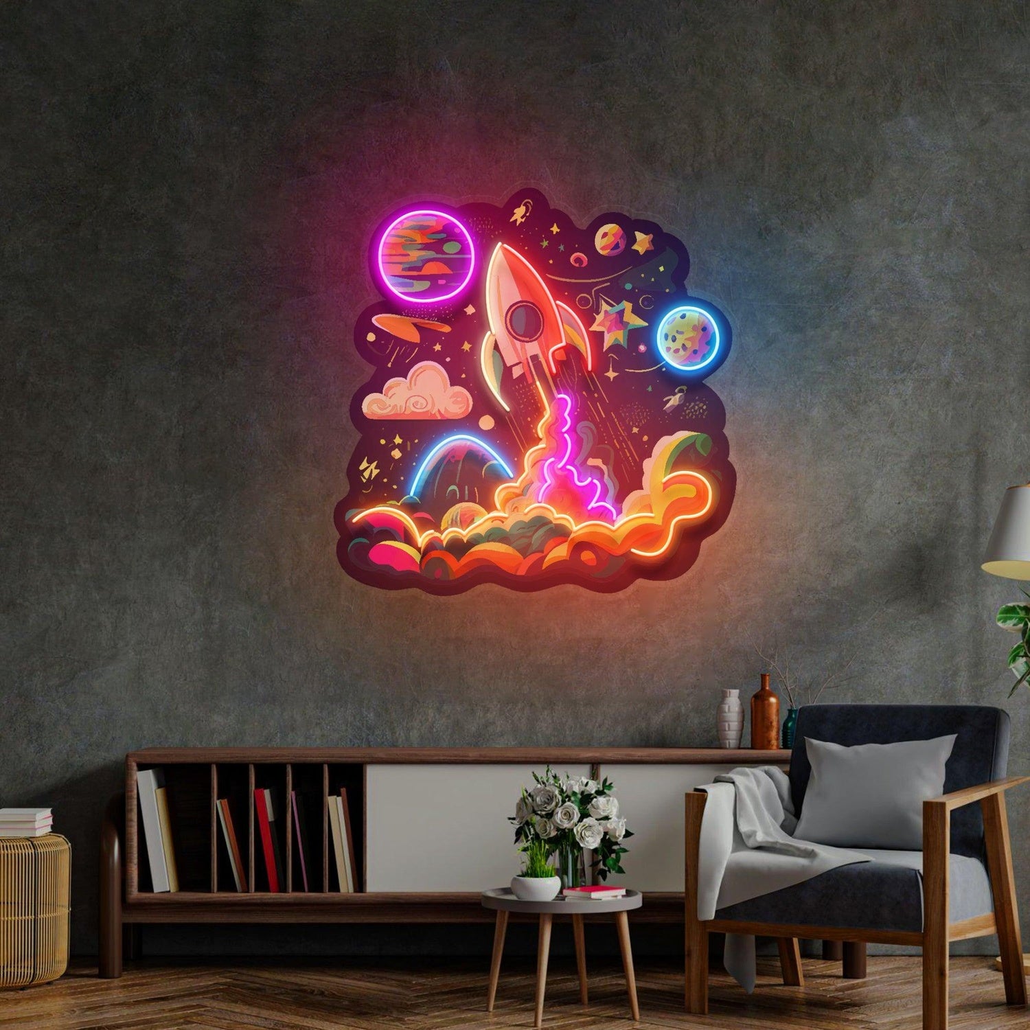 Rocket Launching Into Galaxy Uv Printed Led Neon Sign For Indoor Space Theme Decor | Shineneon