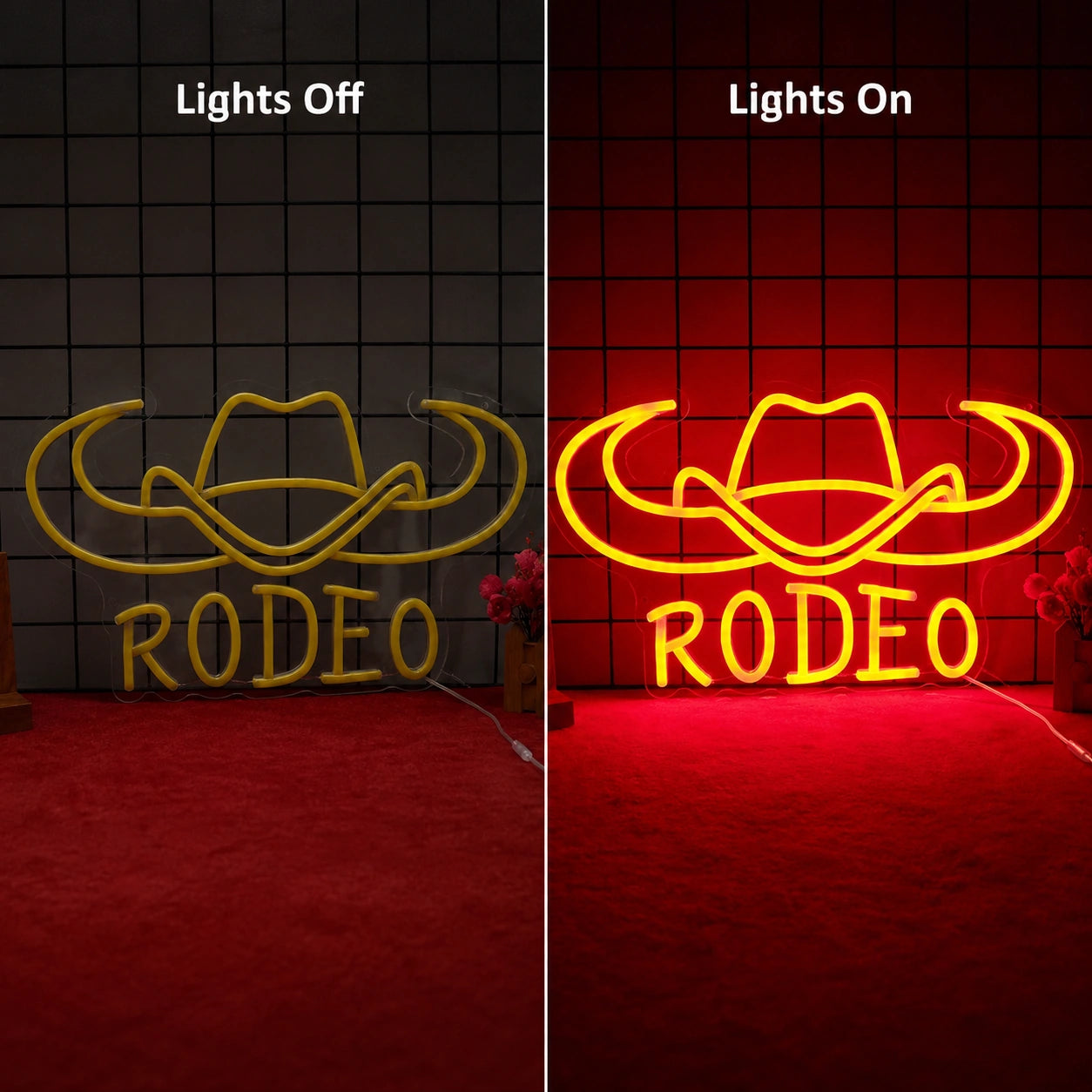 Rodeo Cowboy Hat Neon Sign LED Neon Sign day and night comparison