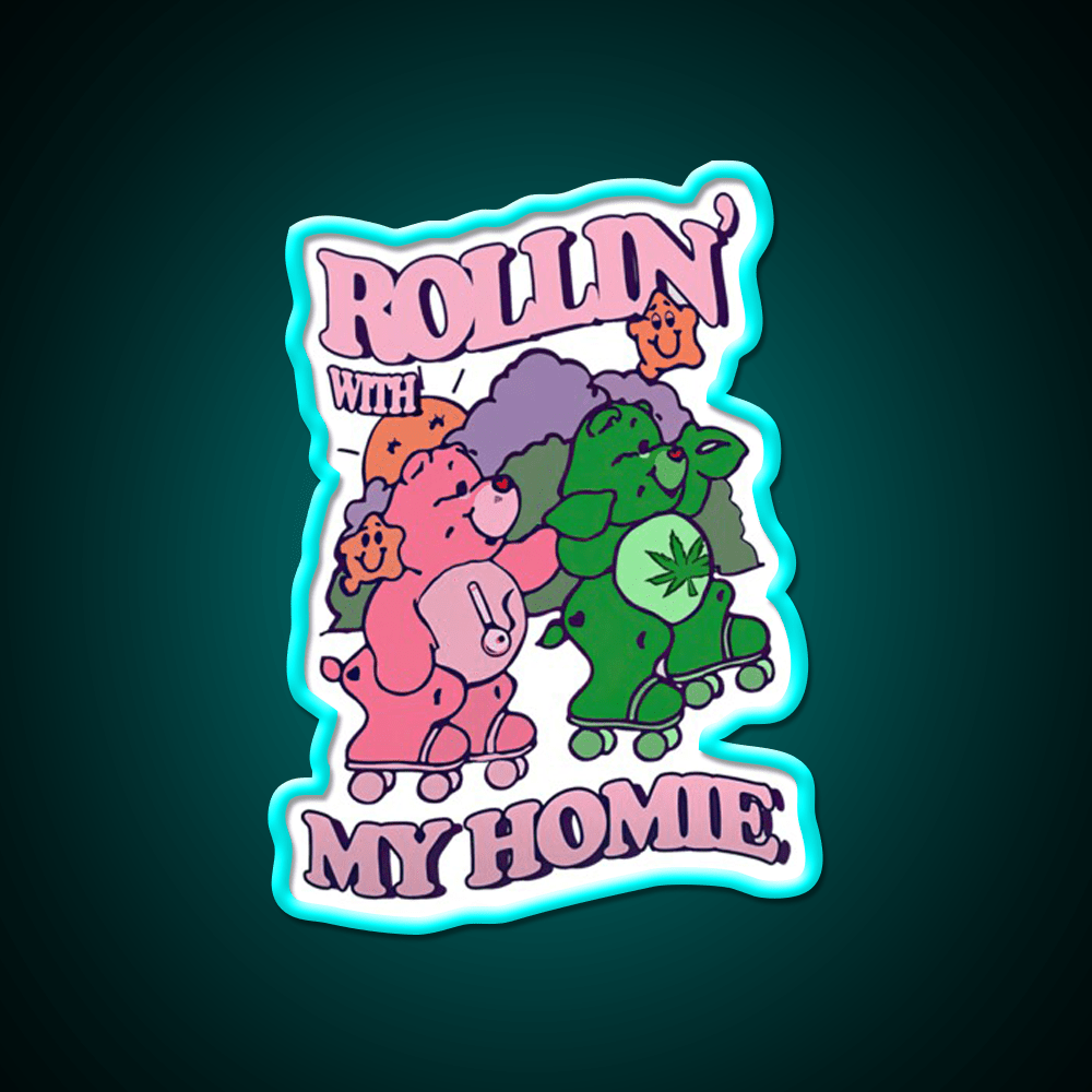 Rollin With My Homie Bear Hemp Inspired Green Leaf Led Neon Sign Rgb Color - Shineneon